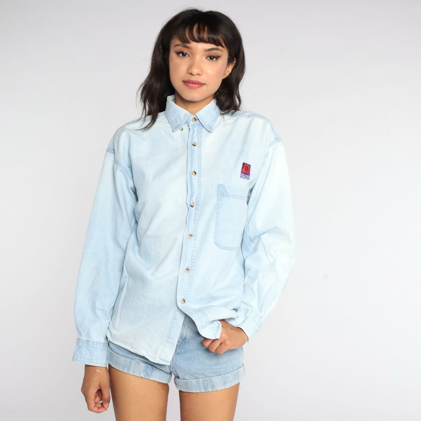 90s Phoenix Suns NBA Denim Button-Up Blouse Blue Small S