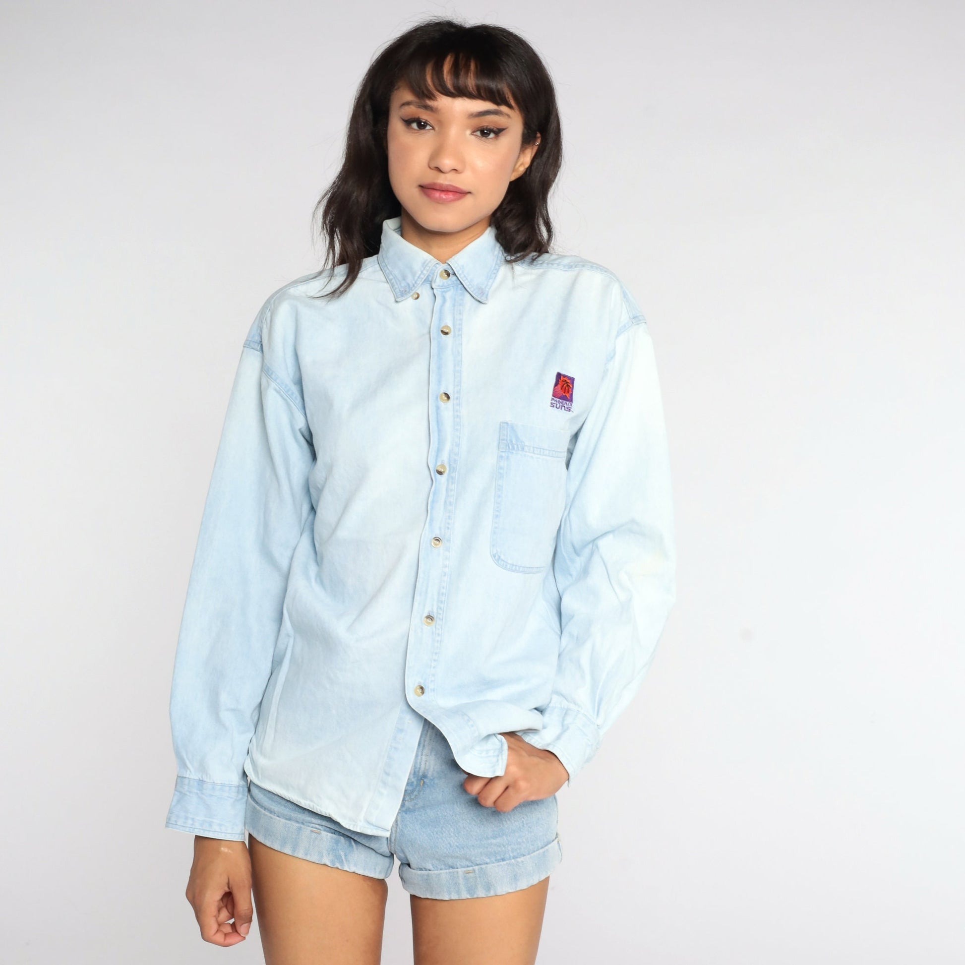 90s Phoenix Suns NBA Denim Button-Up Blouse Blue Small S