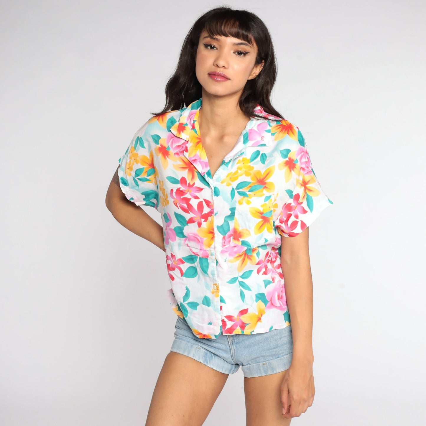 80s Diane von Furstenberg Tropical Floral Button-Up Blouse White Medium