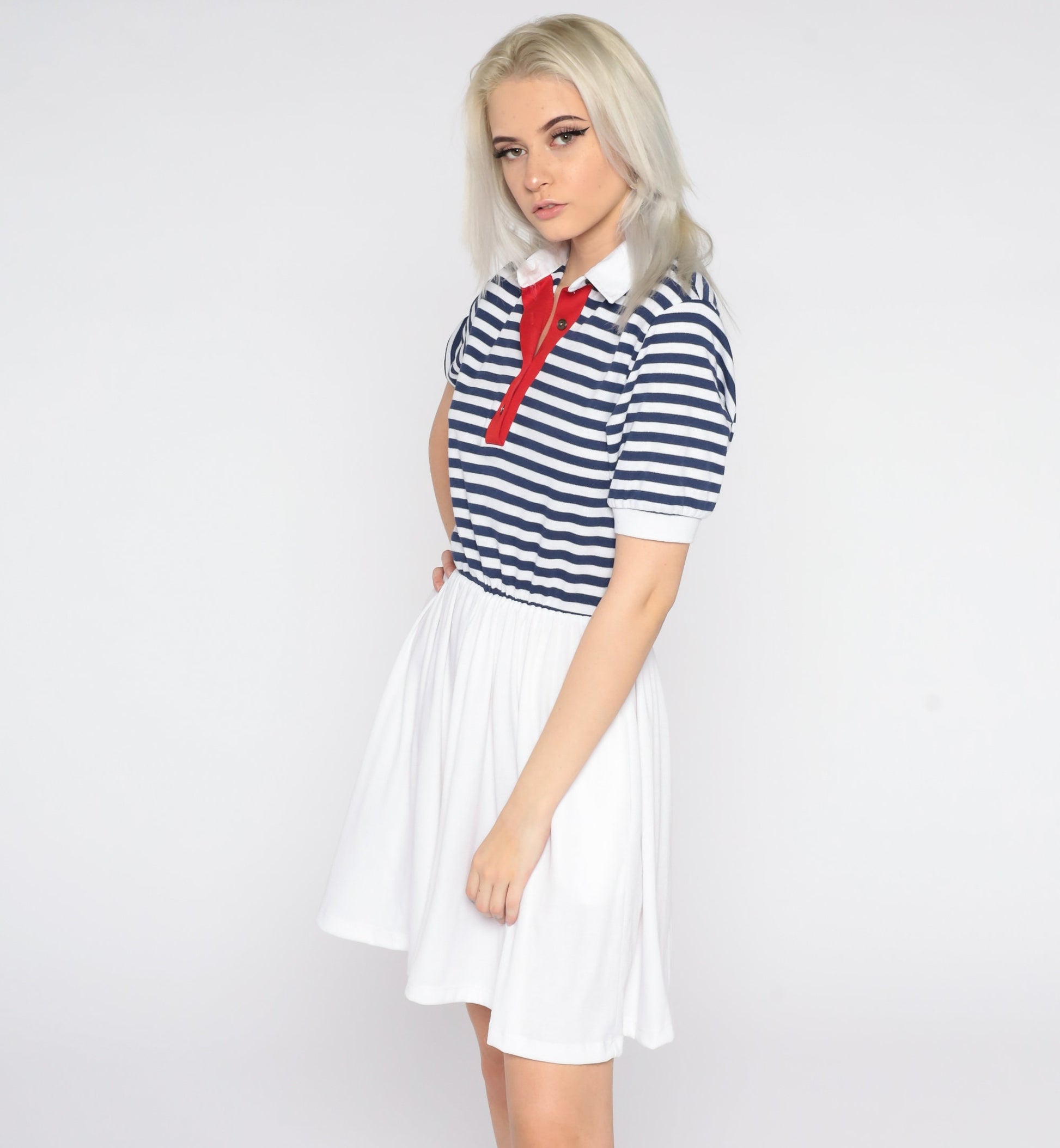 80s Nautical Striped Mini Dress White Blue Sailor High Waist Small S