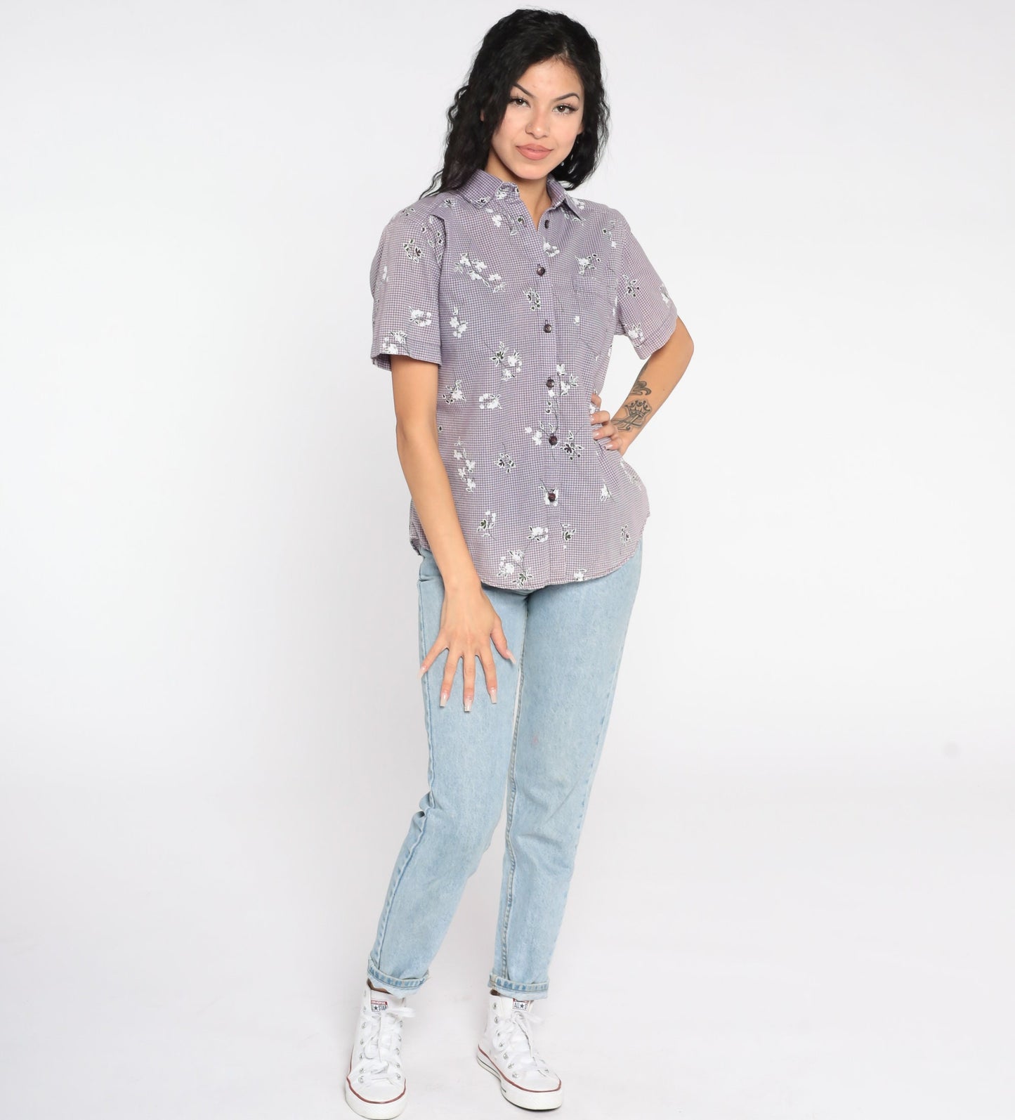 90s Purple Gingham Floral Button-Up Shirt Short Sleeve Small Petite