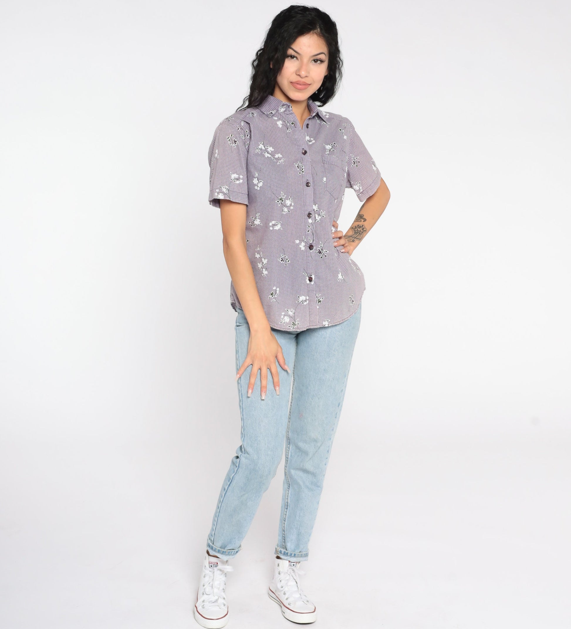 90s Purple Gingham Floral Button-Up Shirt Short Sleeve Small Petite