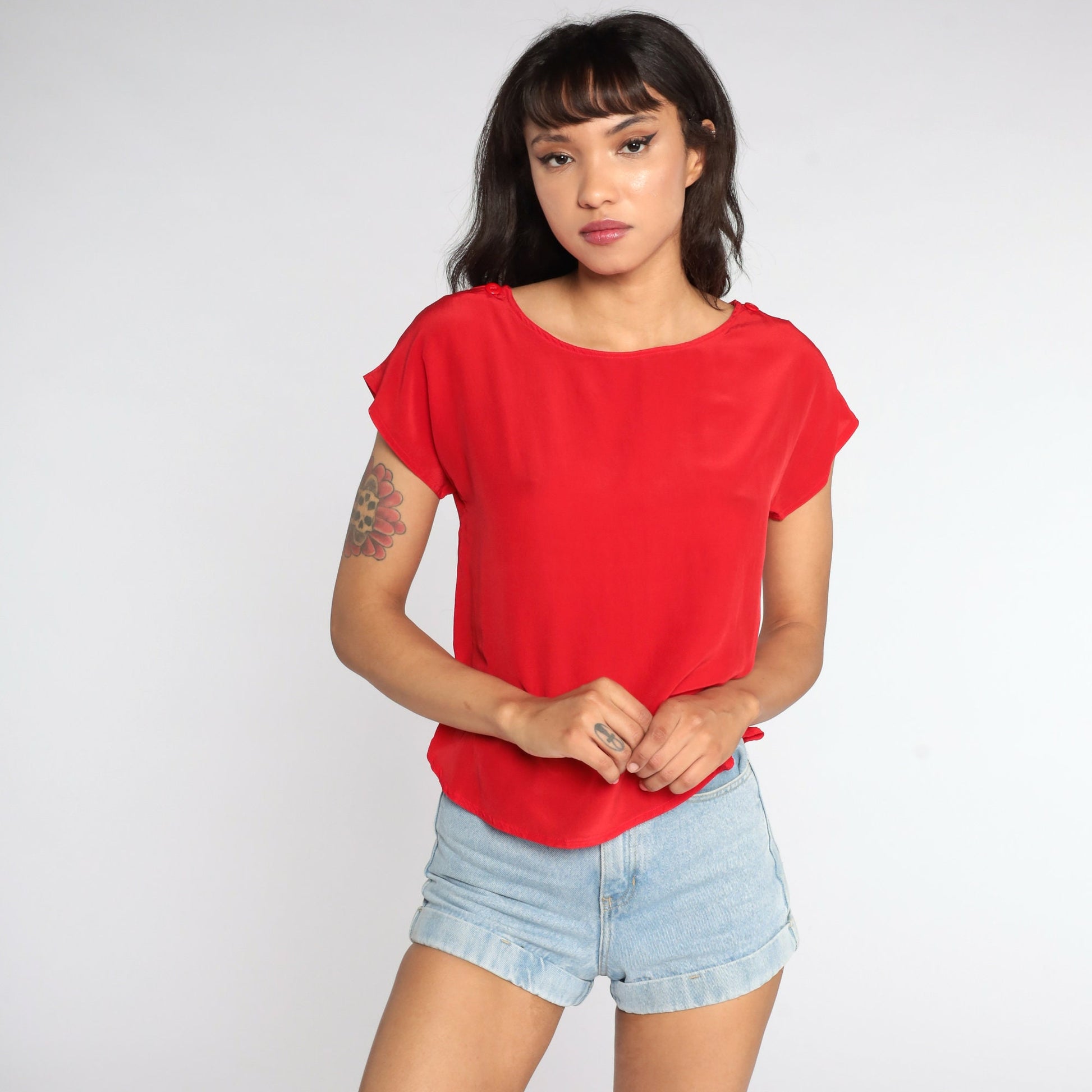 80s Red Silk Short Sleeve Blouse Jonathan Martin Small S