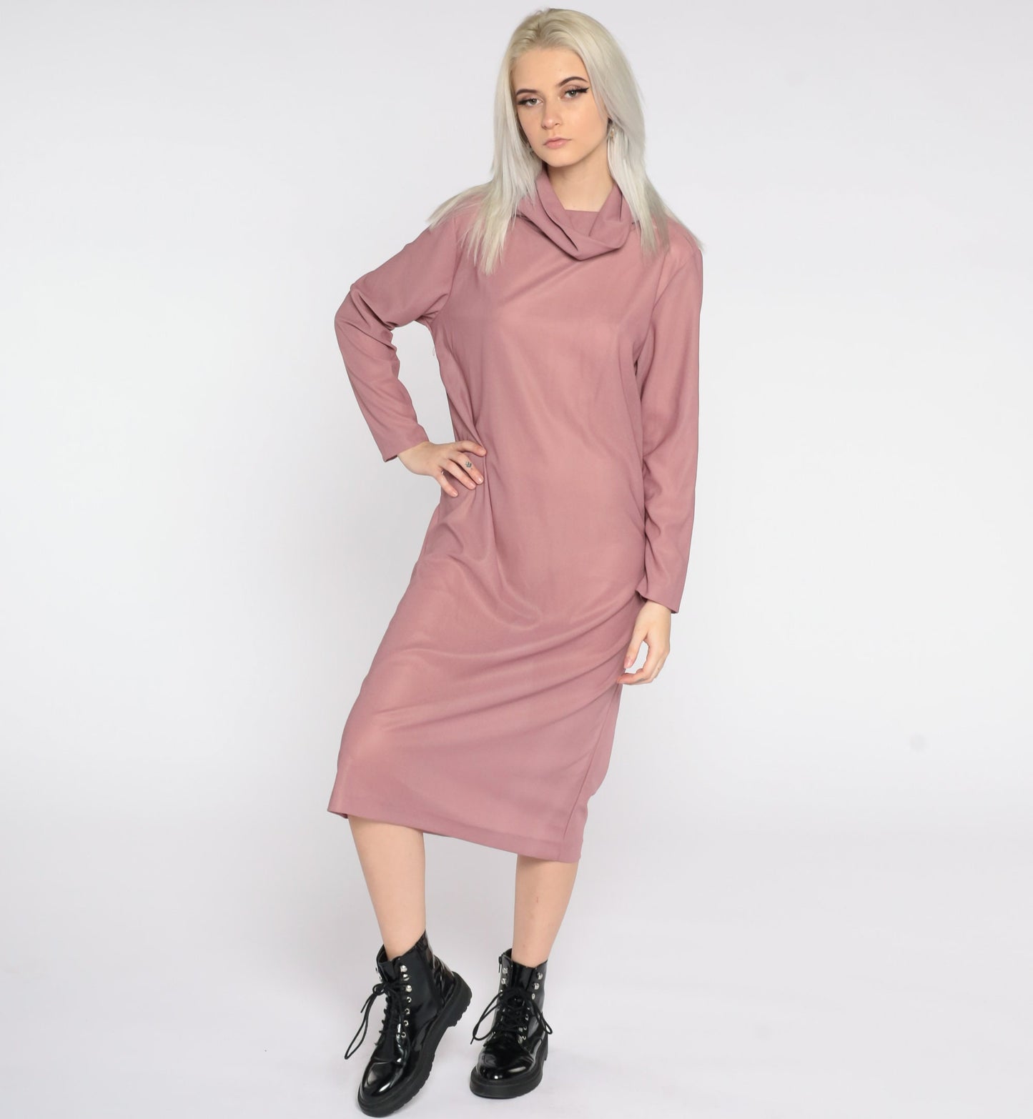 80s Pink Cowl Neck Midi Shift Dress Sheer Polyester Small Medium