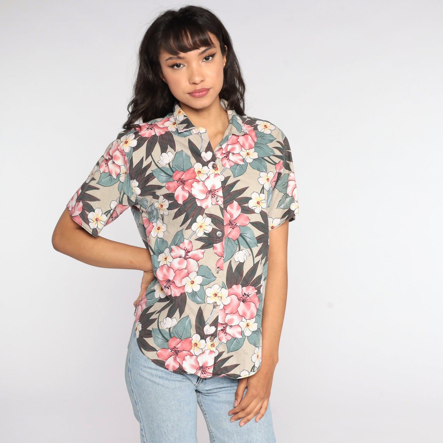 80s Tropical Floral Button-Up Shirt Taupe Flower Print Medium