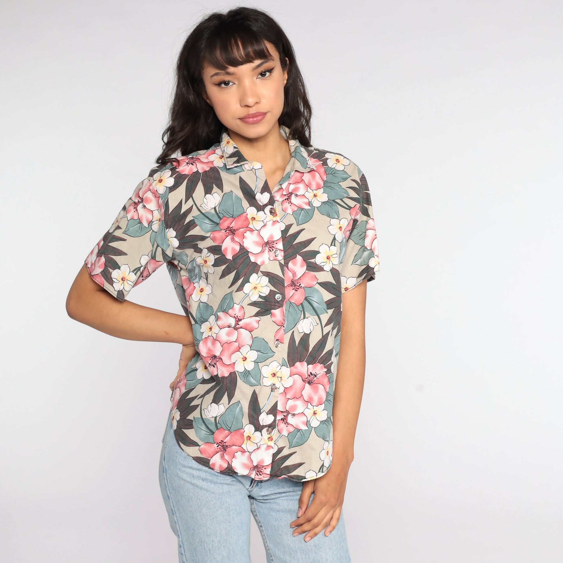 80s Tropical Floral Button-Up Shirt Taupe Flower Print Medium