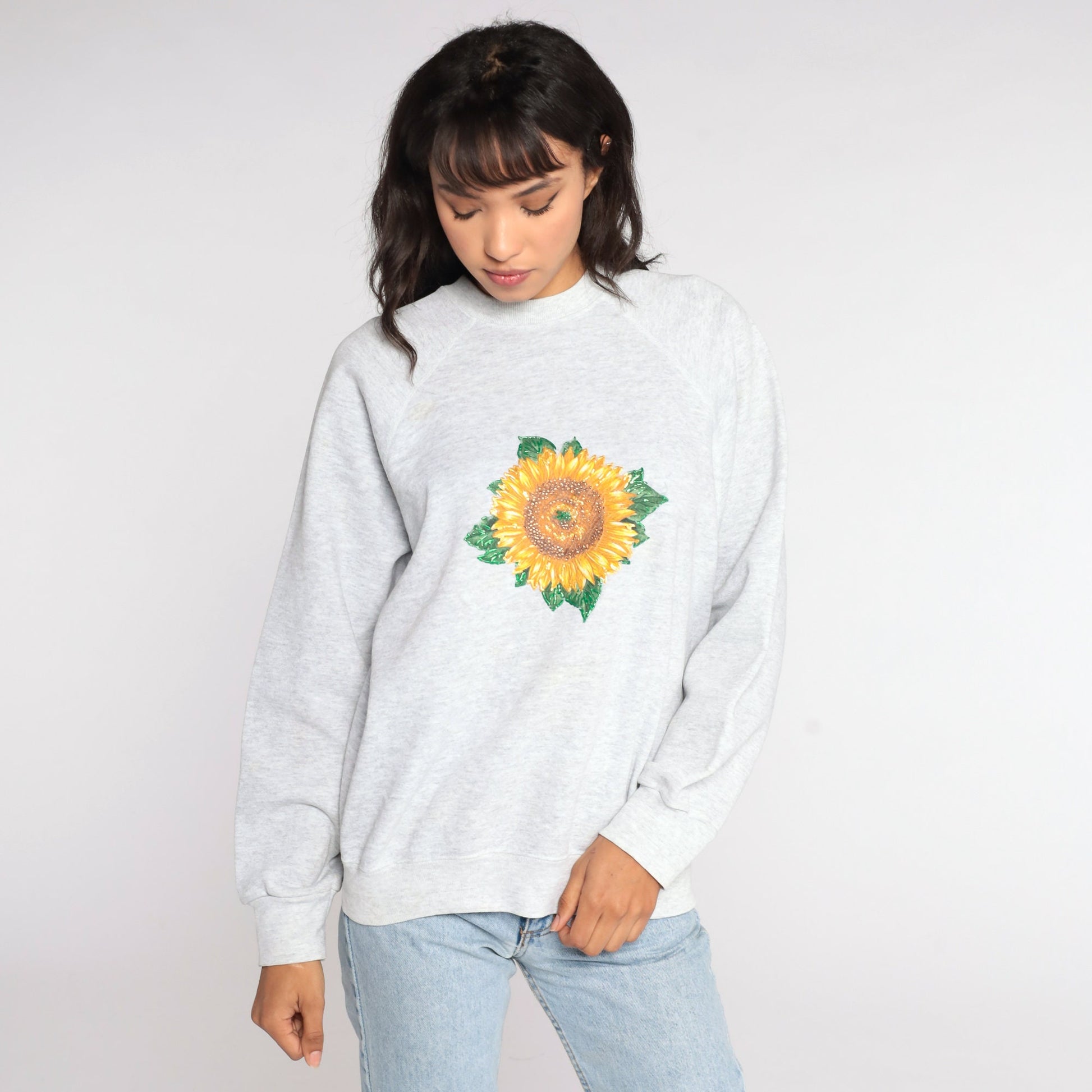 90s Sunflower Sweatshirt Grey Floral Raglan Graphic Pullover Large L