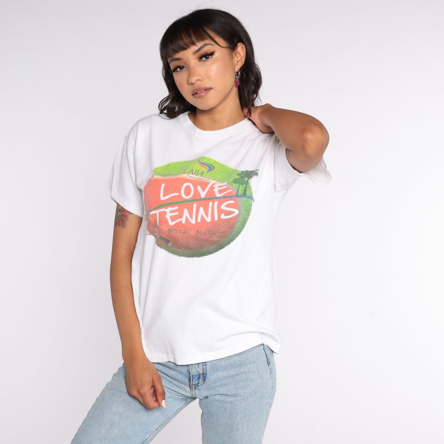 90s LA84 Love Tennis Graphic T-Shirt Cotton Athletic Tee Medium