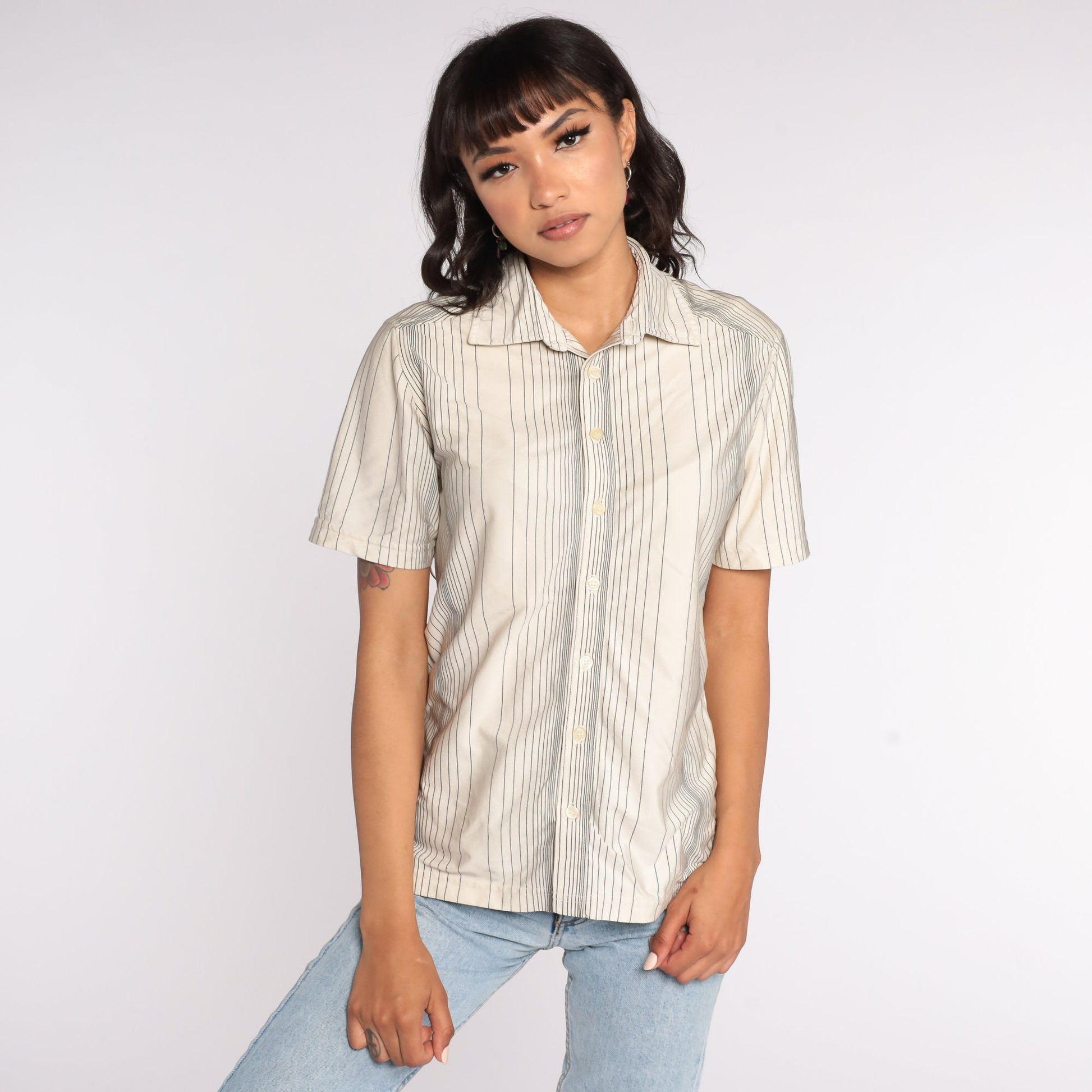 70s Off-White Striped Button-Up Shirt Short Sleeve Collared Top Medium