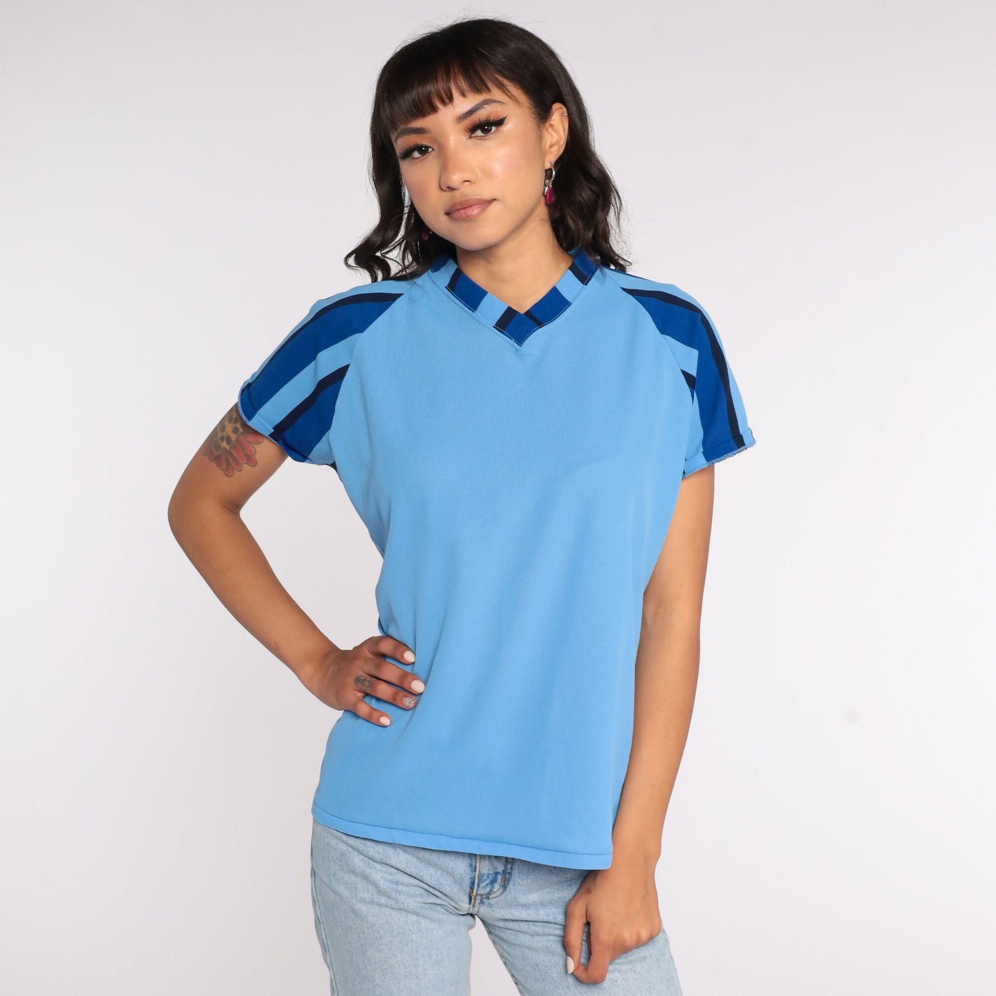 70s Mac-Let Electric Uniform Ringer T-Shirt Baby Blue Raglan Medium Large