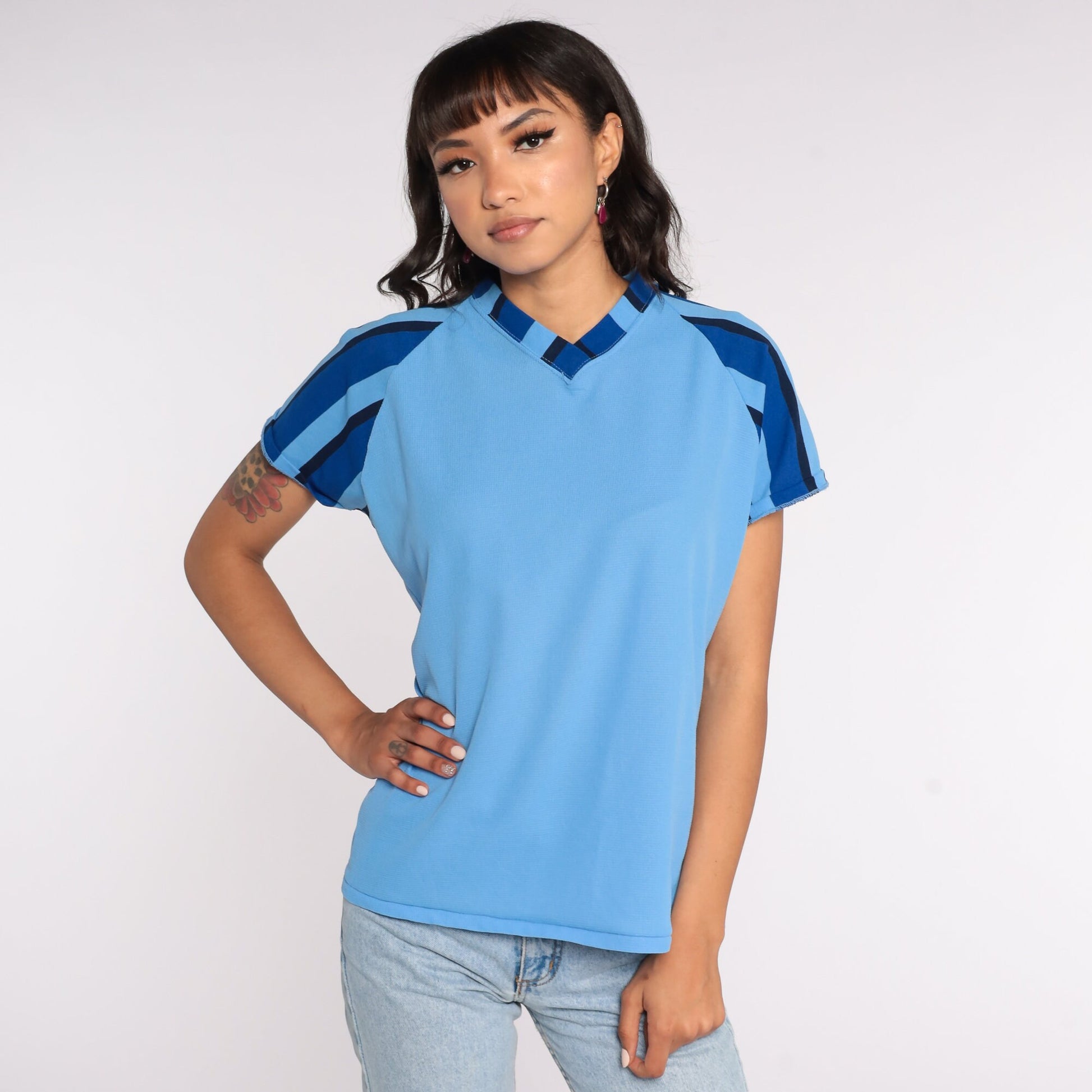 70s Mac-Let Electric Uniform Ringer T-Shirt Baby Blue Raglan Medium Large