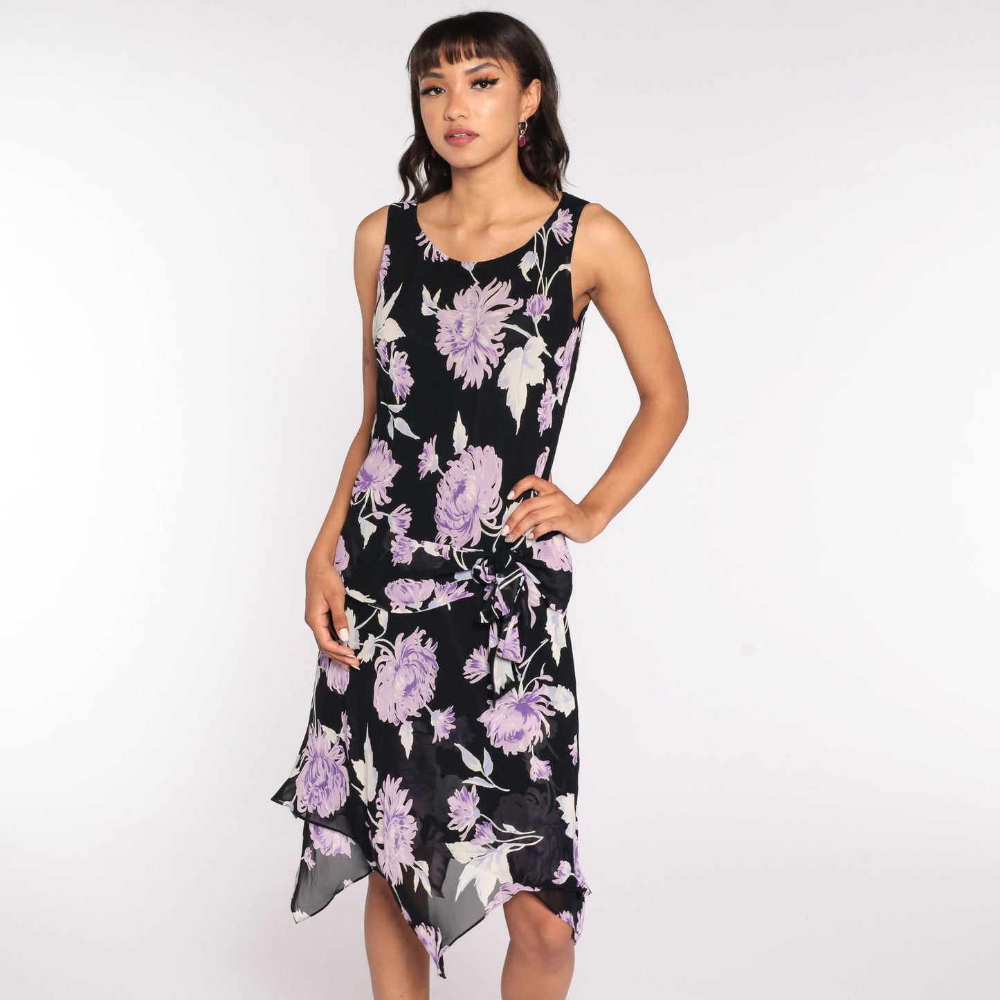 90s Evan Picone Floral High-Low Dress Black Purple Midi Medium