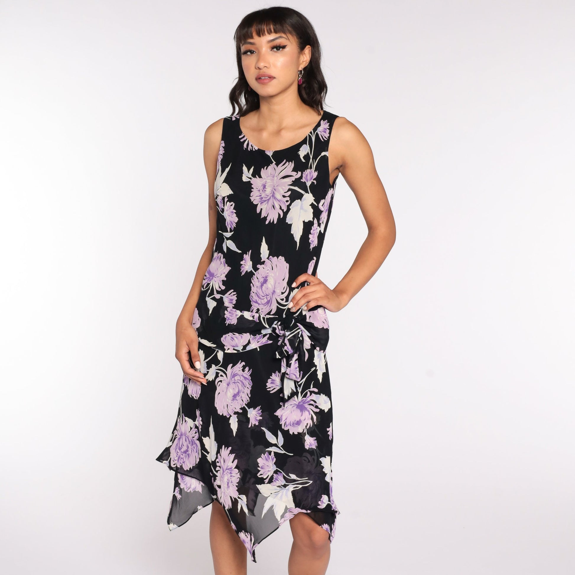90s Evan Picone Floral High-Low Dress Black Purple Midi Medium