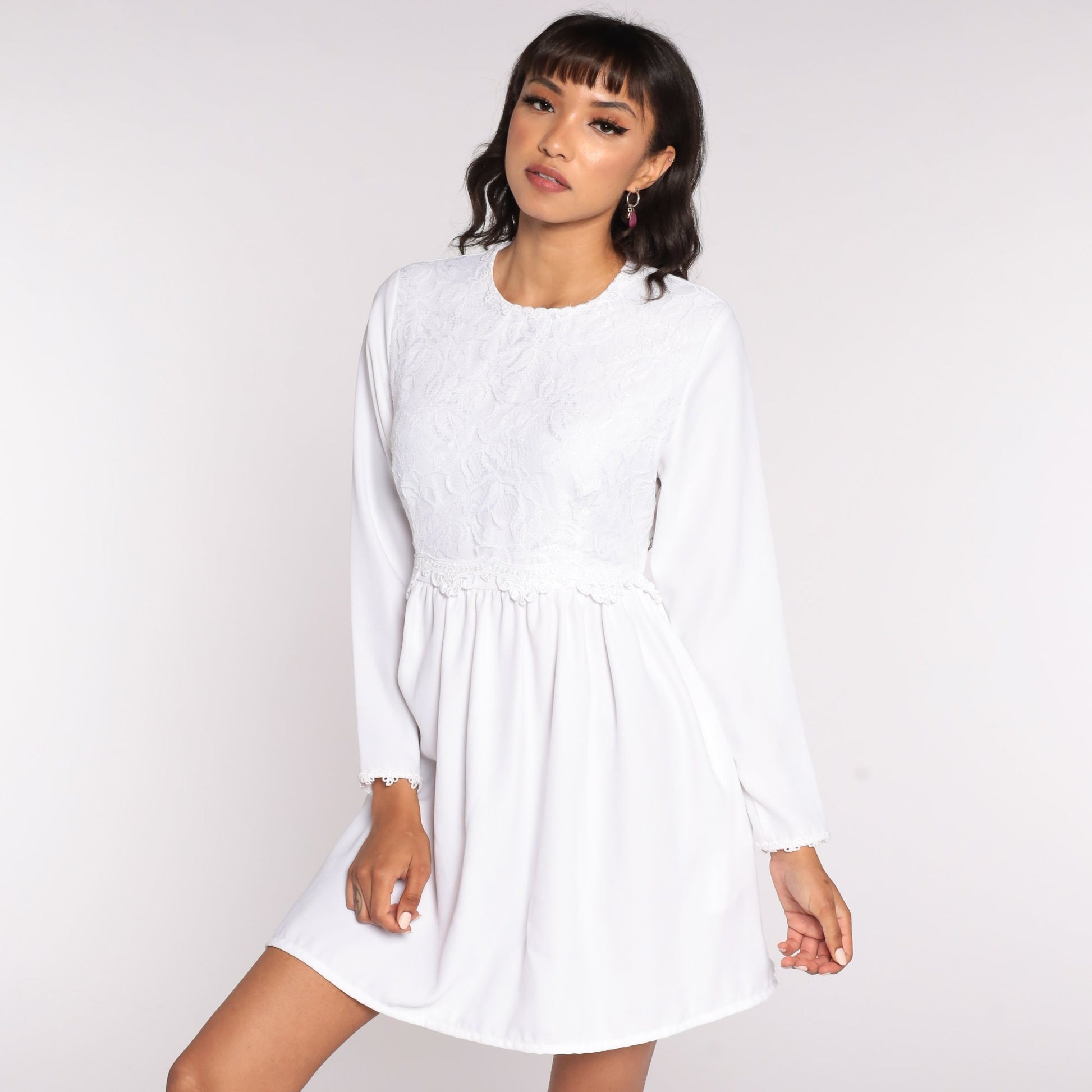 90s White Lace Babydoll Mini Dress Long Sleeve High Waist Small
