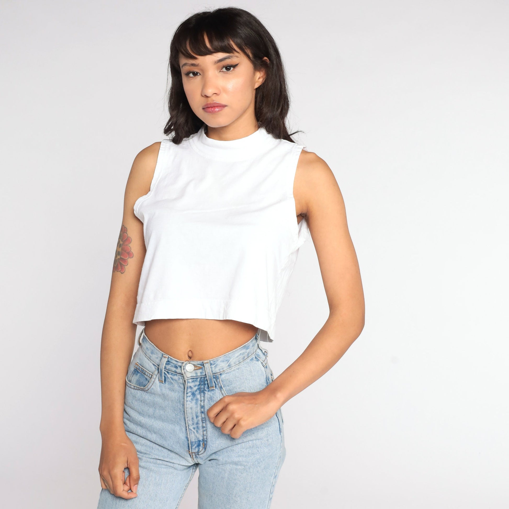 80s White Mock Neck Crop Tank Top Sleeveless Shirt Small