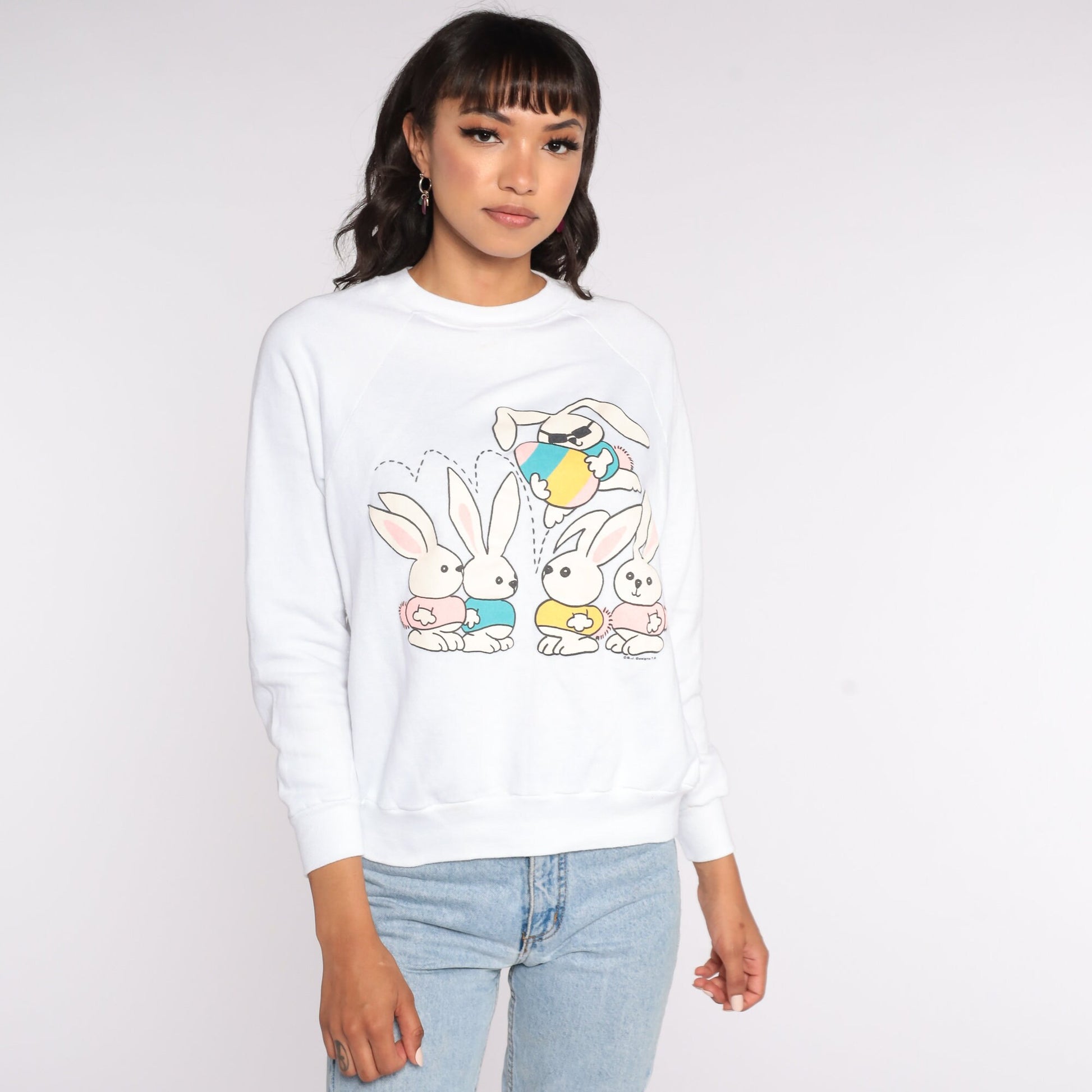 80s Easter Bunny Graphic Sweatshirt Raglan Pastel Animal Print Small