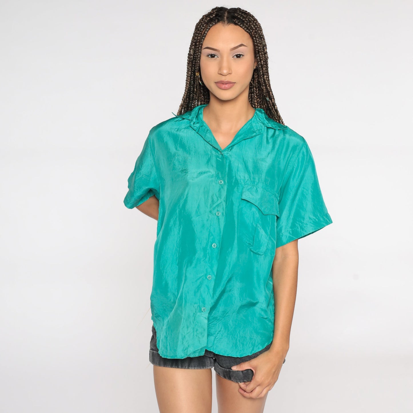 90s Turquoise Silk Button-Up Blouse Short Sleeve Medium