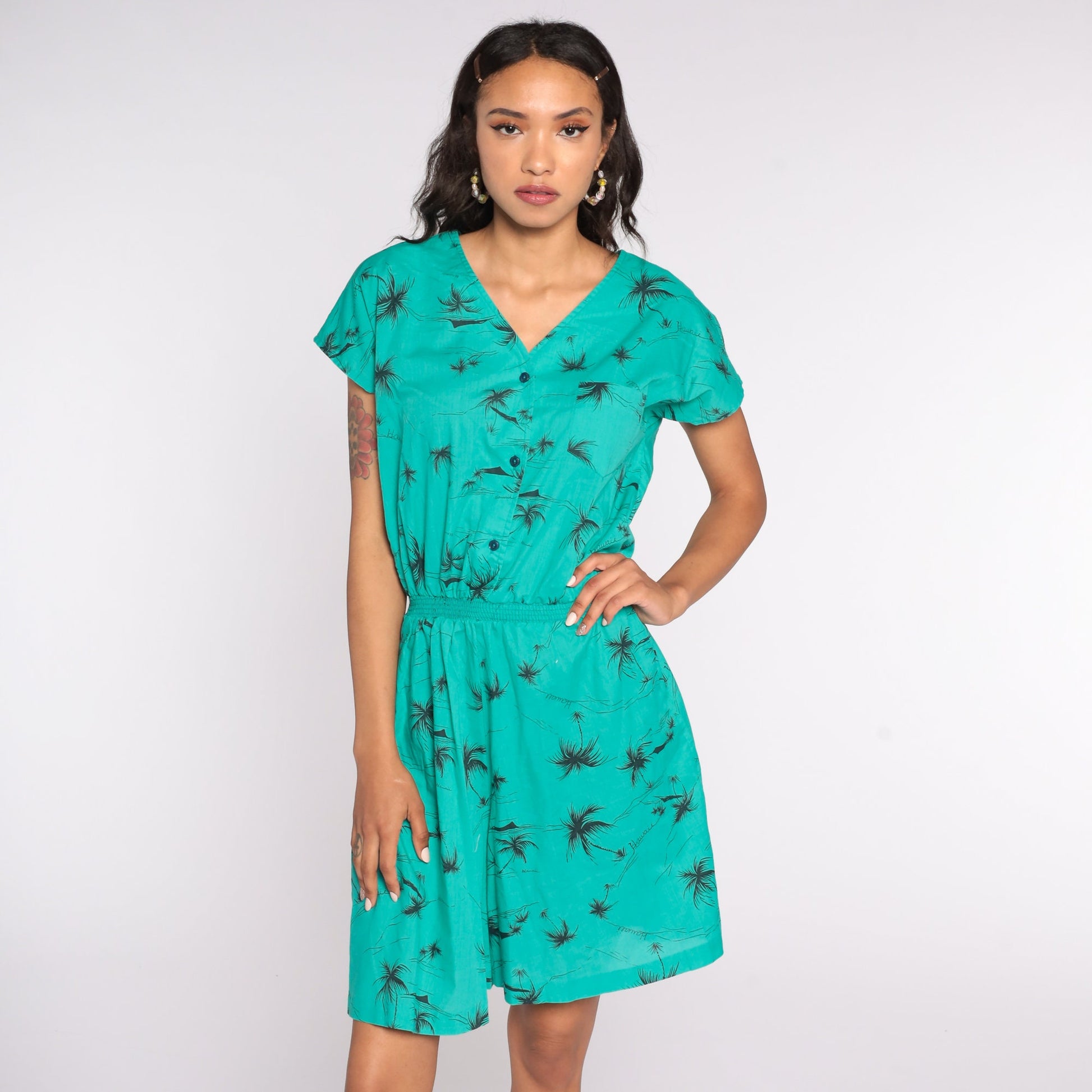 80s Hilo Hatties Tropical Hawaiian Romper Playsuit Green Medium