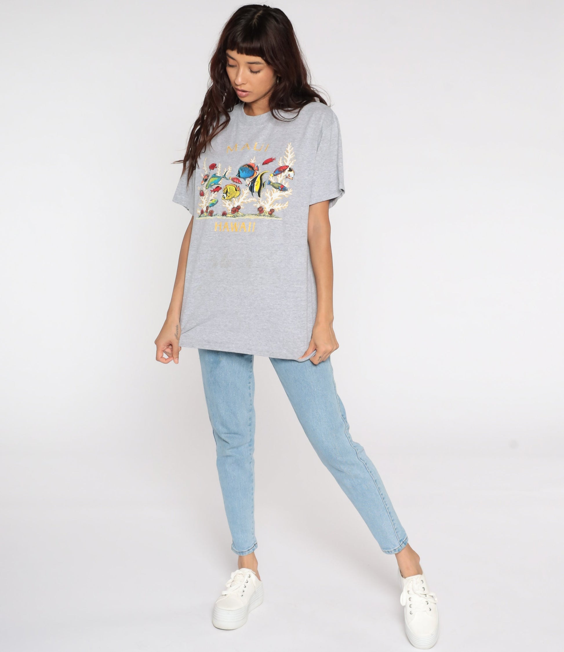 90s Maui Tropical Fish Graphic T-Shirt Grey Large L