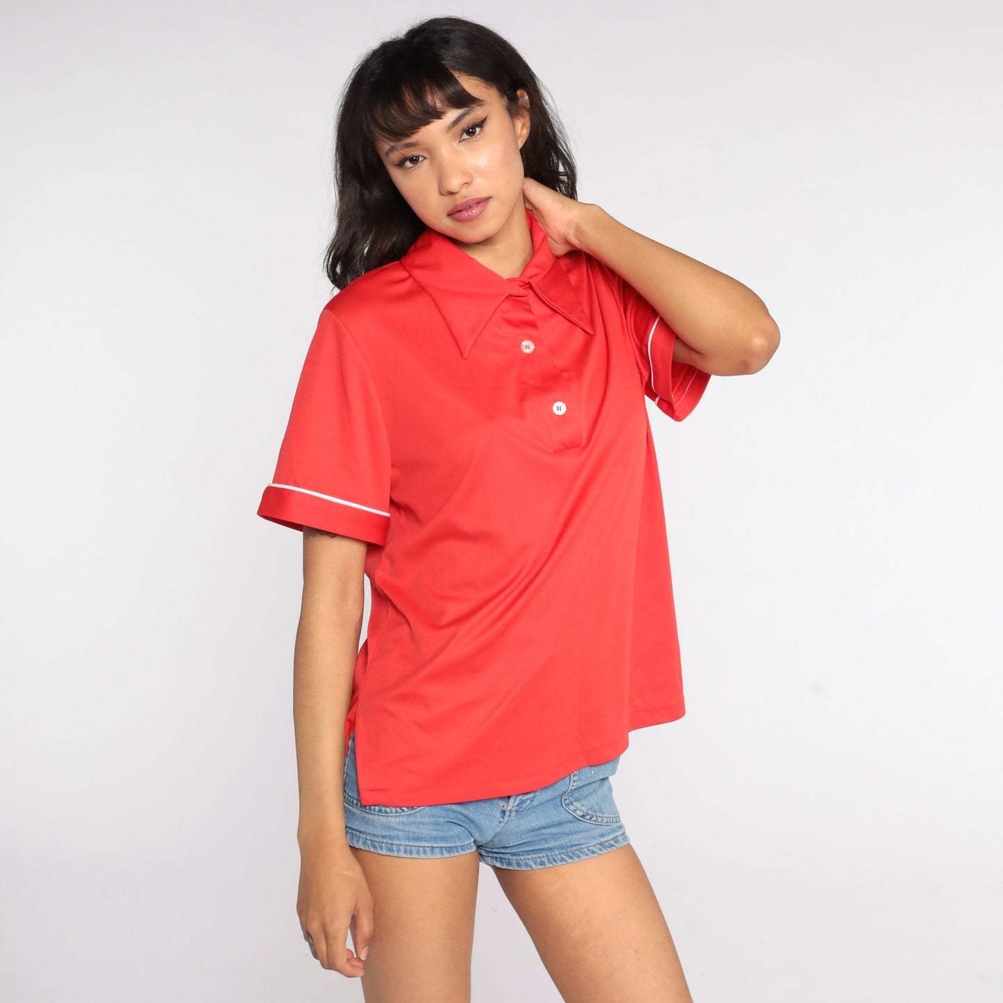 70s Red Polo Shirt Half Button Collared Short Sleeve Extra Large