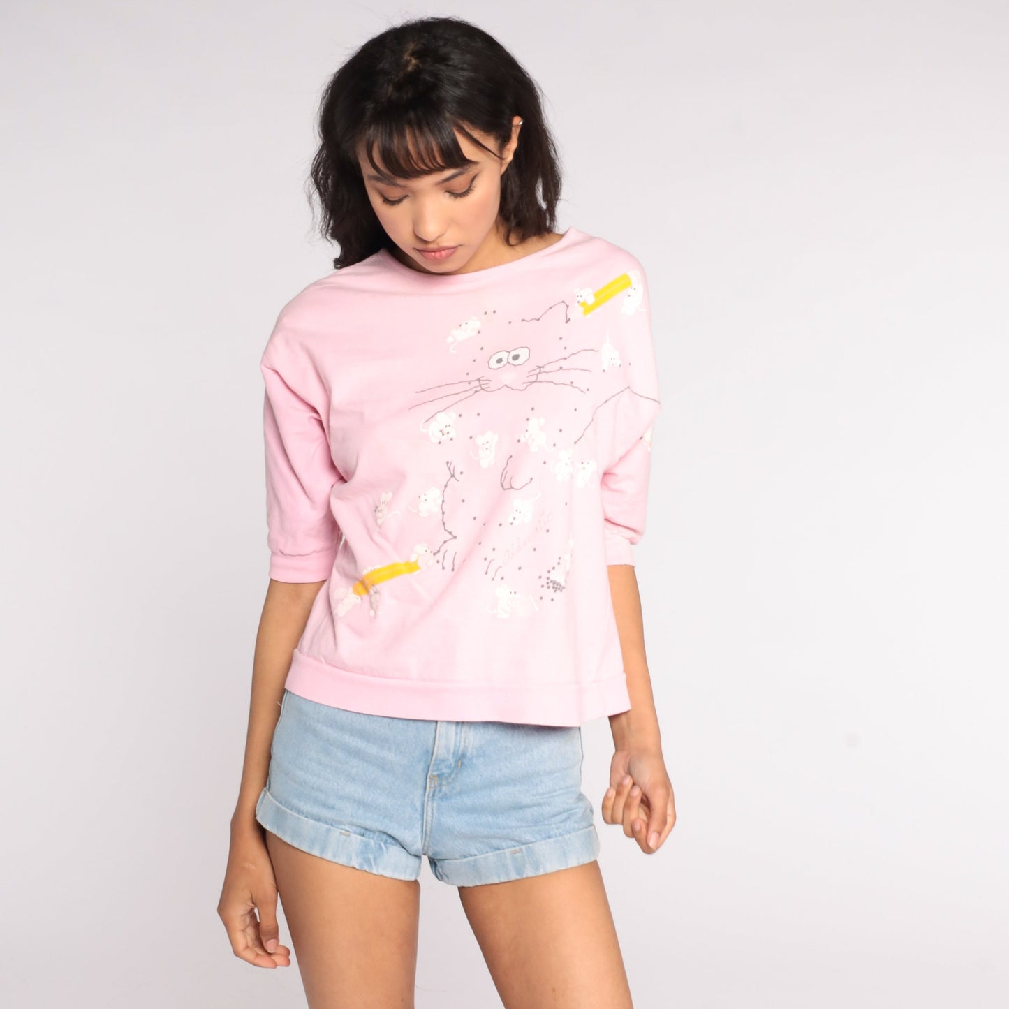 80s Cat Mouse Connect The Dots Graphic T-Shirt Baby Pink Cotton Small