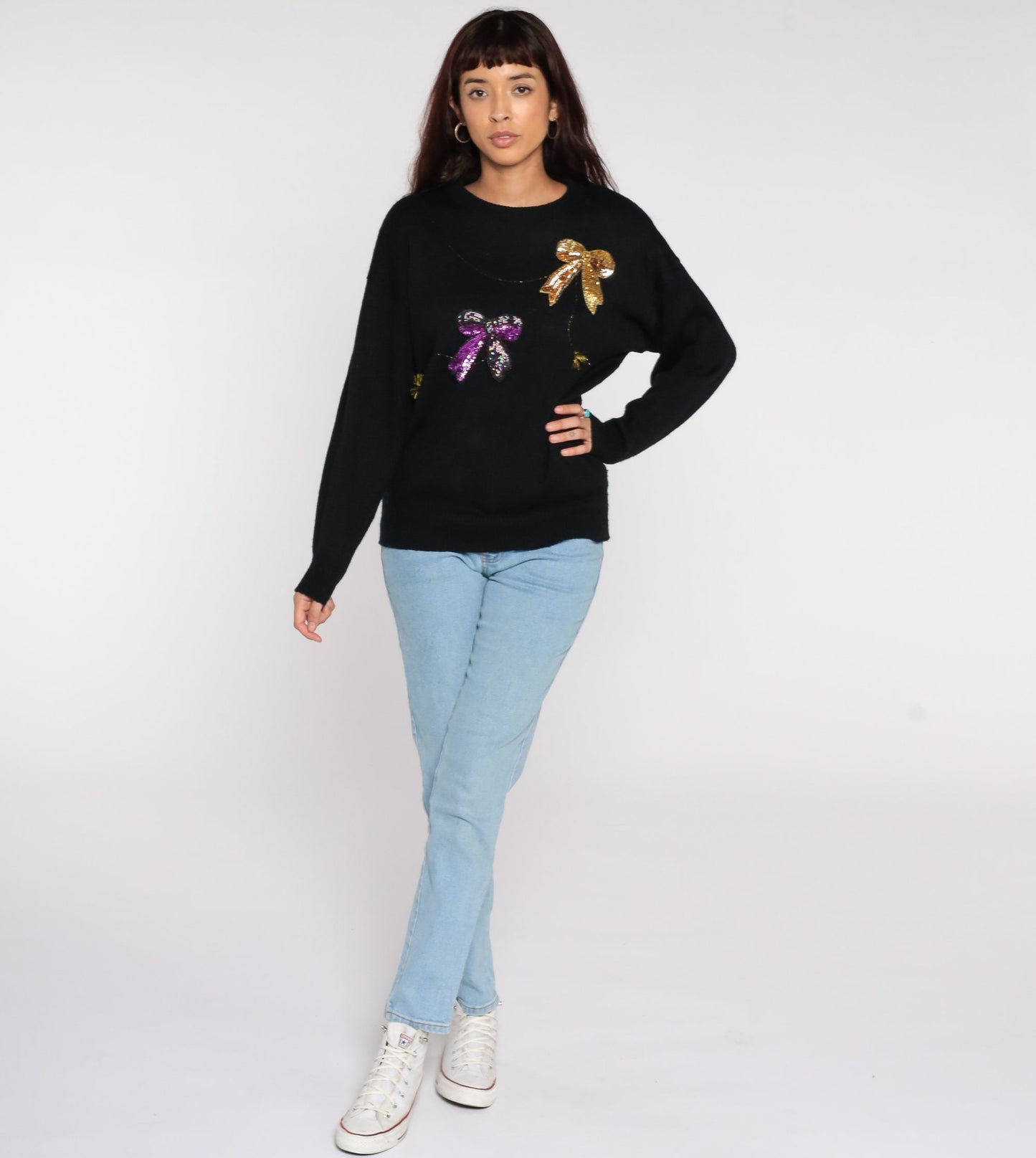 80s Beaded Bow Pullover Sweater Black Knit Large L