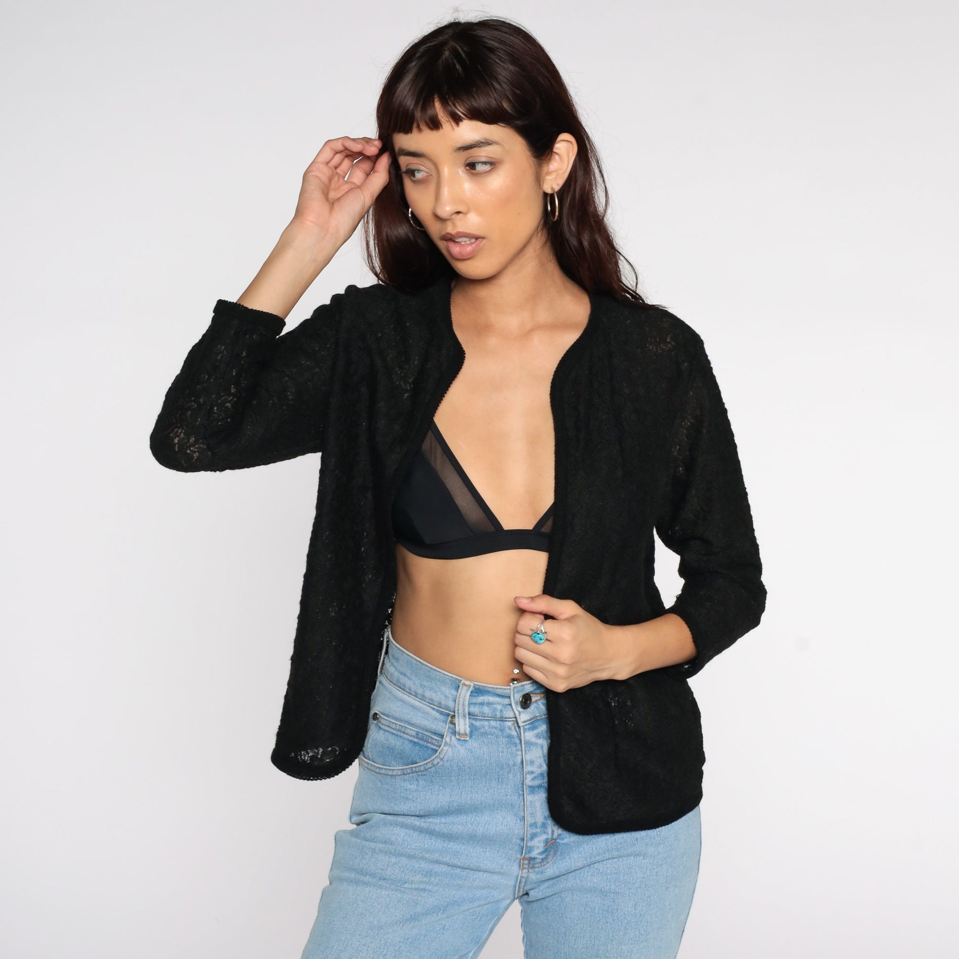 70s Black Lace Sheer Jacket Open Front Cardigan Small