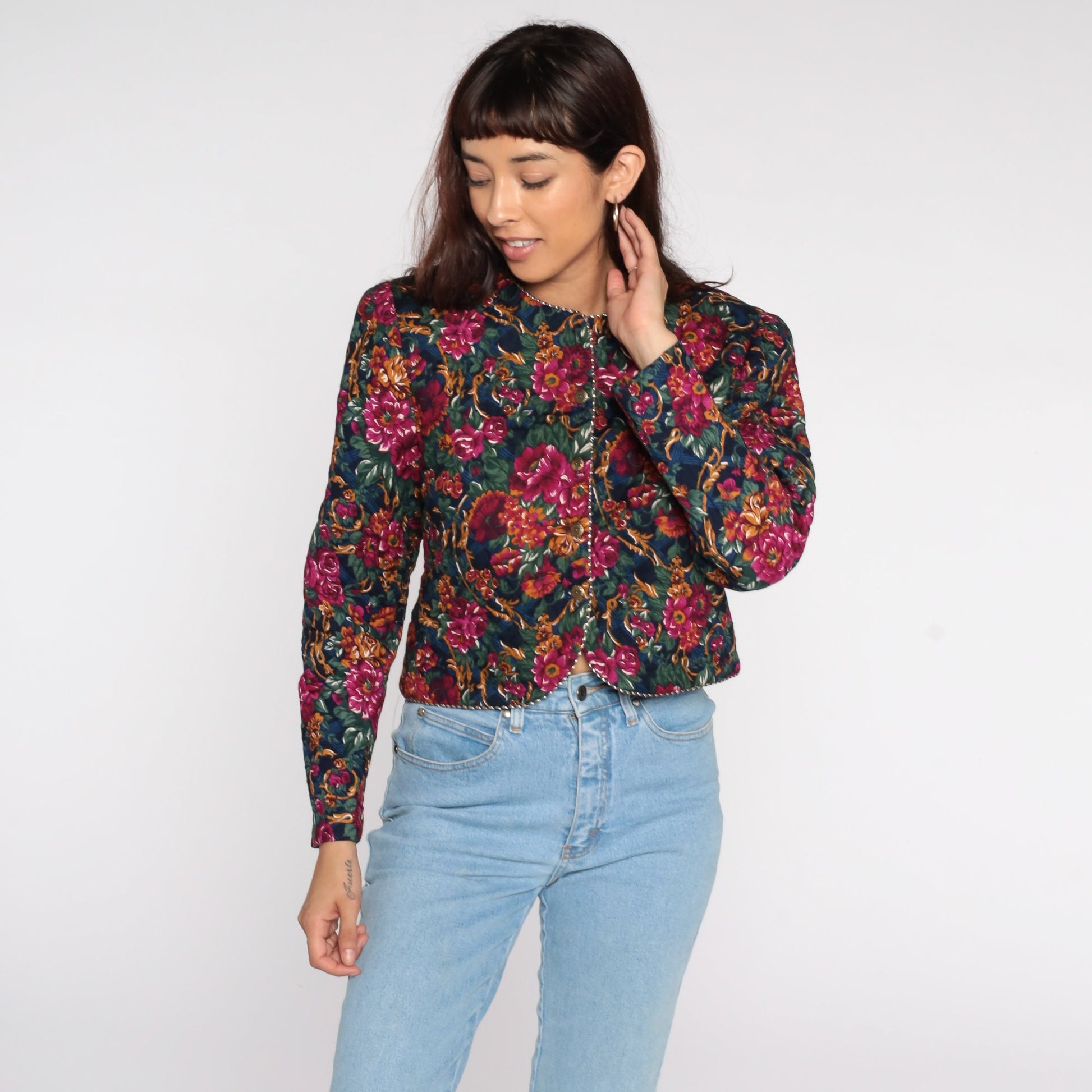 80s Quilted Floral Cropped Jacket Fuchsia Button-Up Medium