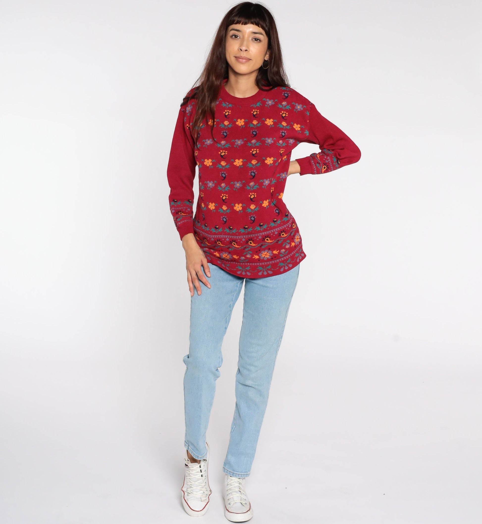 80s Paisley Floral Red Knit Sweater Pullover Small