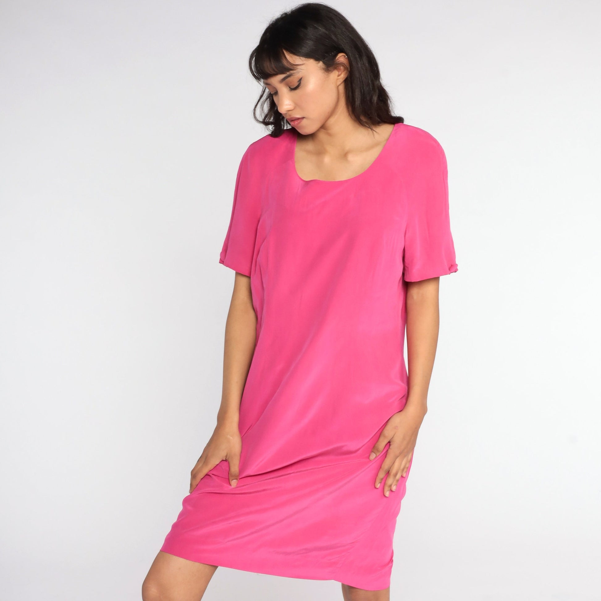 80s Pink Silk Sheath Dress Short Sleeve Mini Large