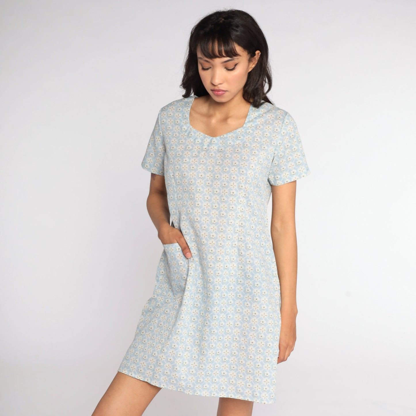 90s Baby Blue Floral Mini Dress Shift Short Sleeve Medium