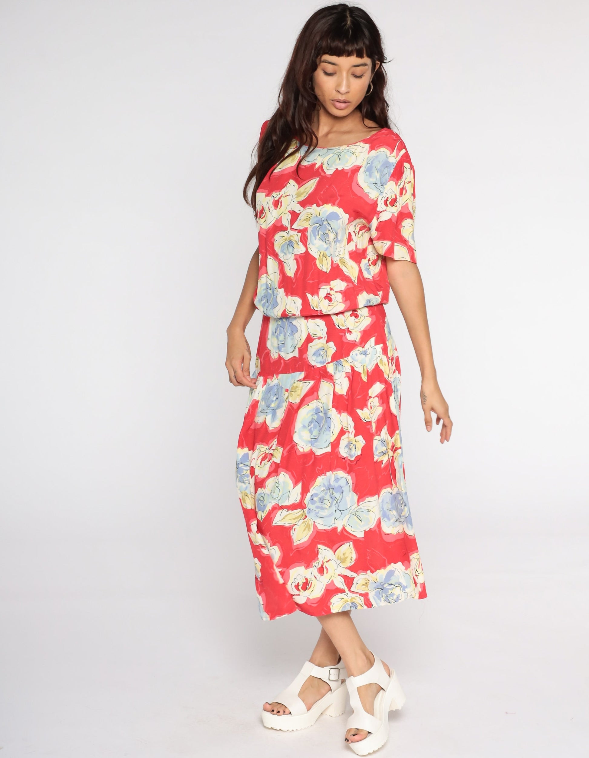 90s Red Floral Midi Dress Button Back Short Sleeve Vintage Medium