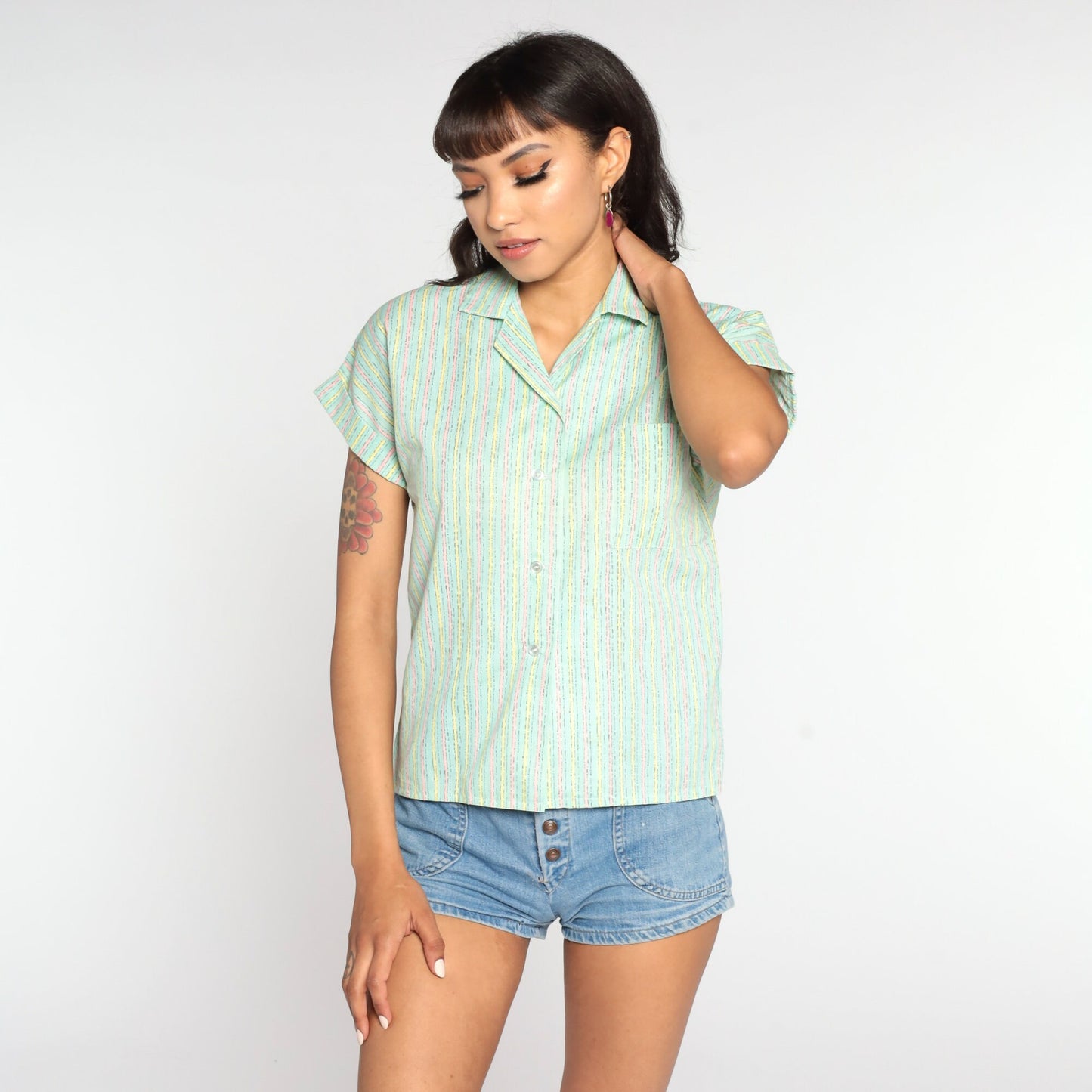 80s Green Striped Cotton Blend Button-Up Blouse Short Sleeve Small S