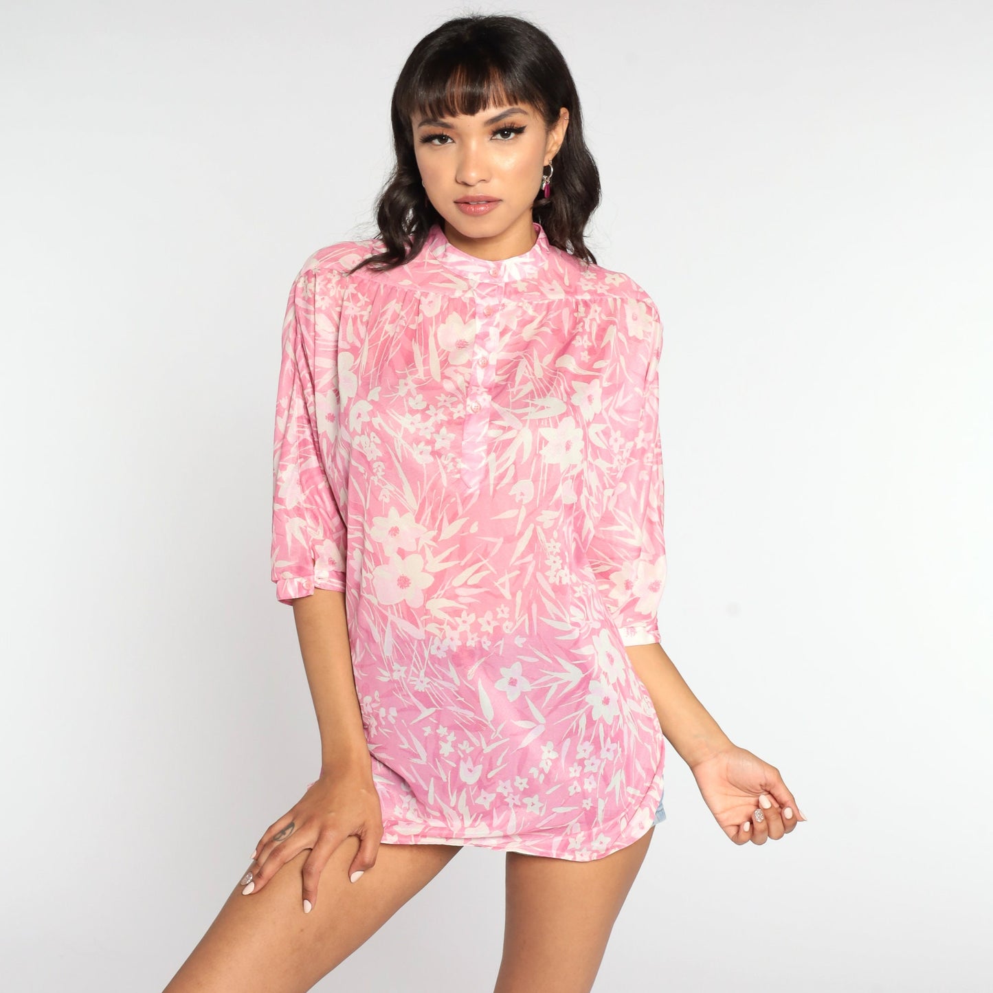 70s Sheer Floral Button-Up Blouse Pink White Three-Quarter Sleeve Medium Large