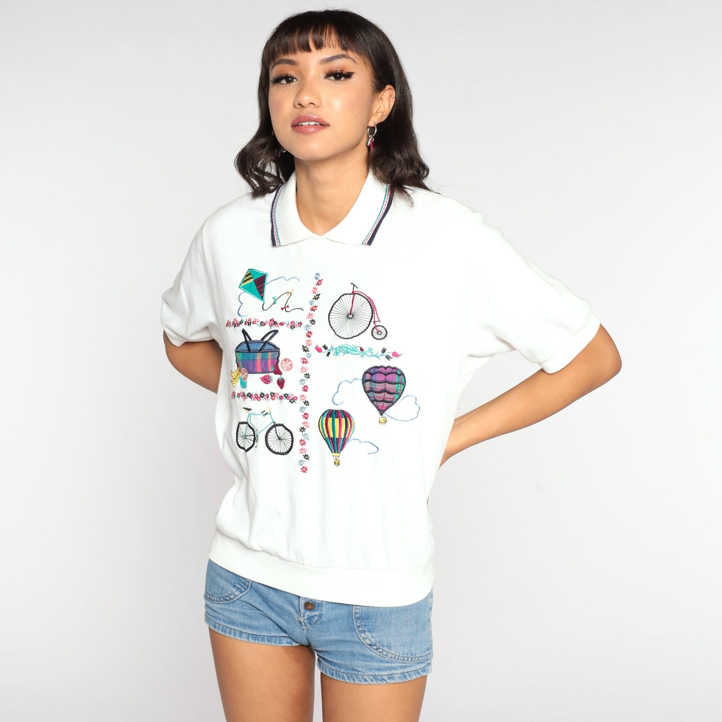 80s Alfred Dunner Picnic Blouse White Novelty Print Short Sleeve Large