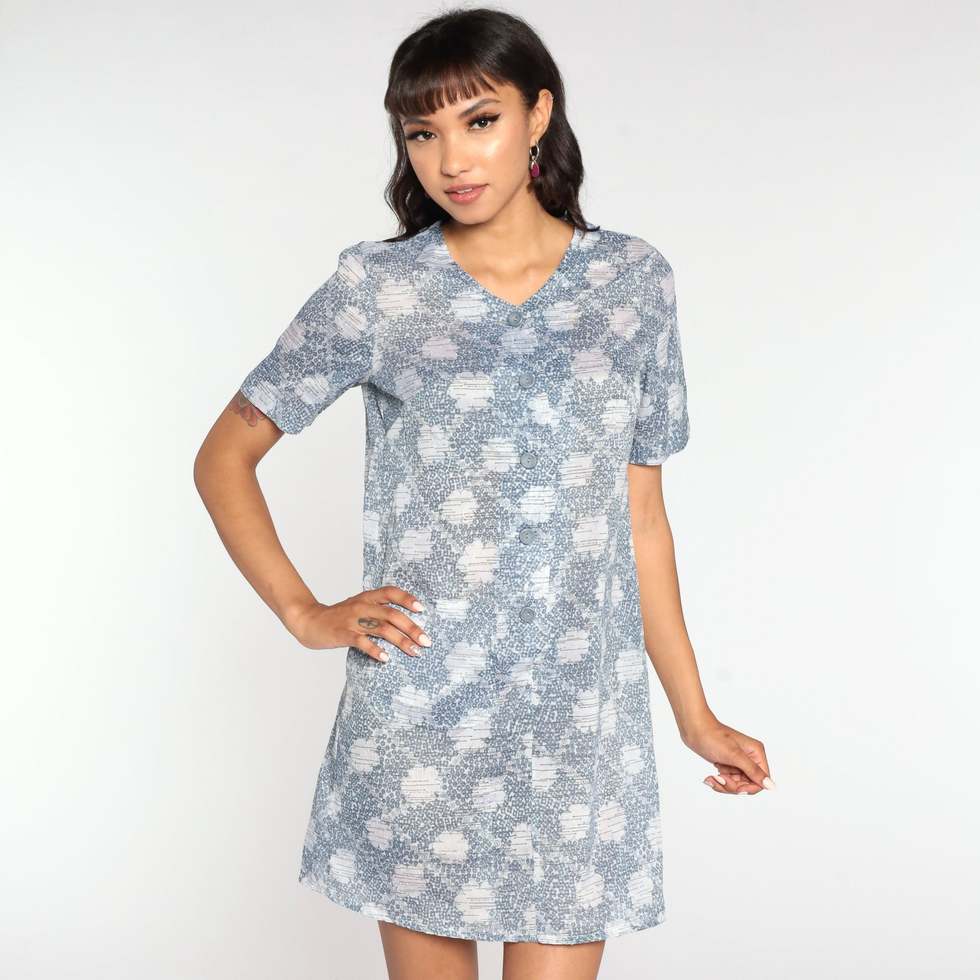 70s Mod Mini Shift Dress Cloud Print Button-Up Grey Medium