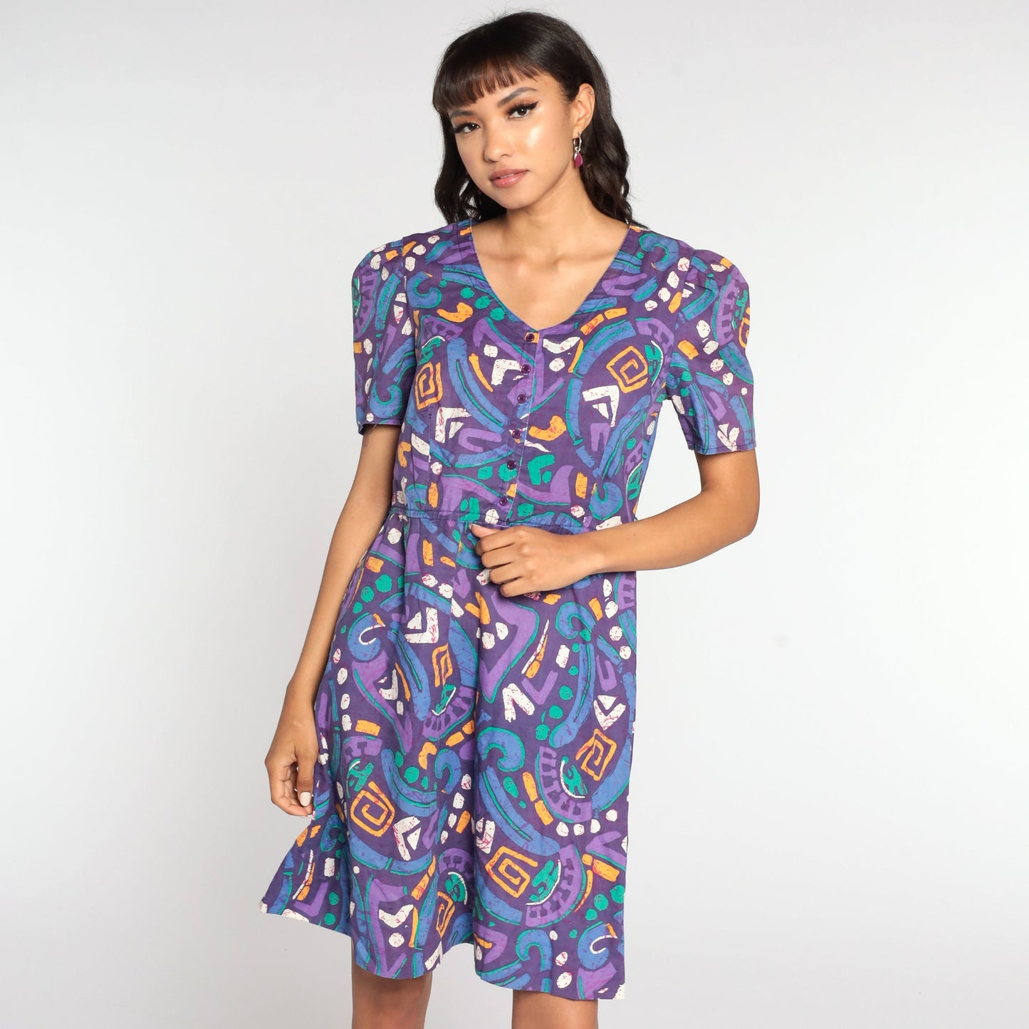 80s Tabby of California Purple Geometric Mini Dress Puff Sleeve Button Up Small