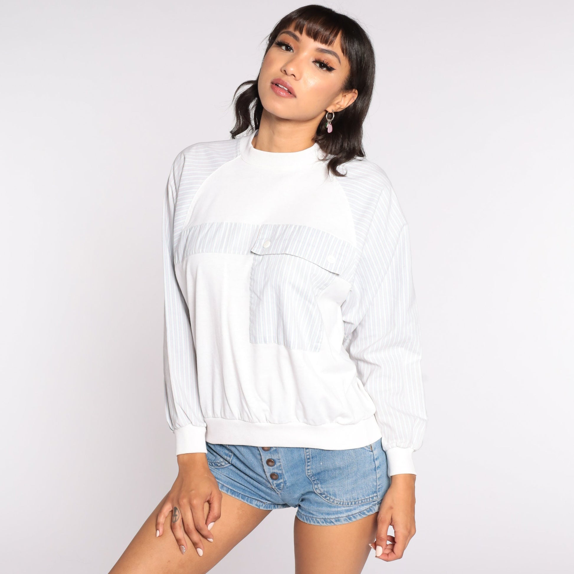 80s Jantzen White Striped Raglan Long Sleeve Shirt Medium