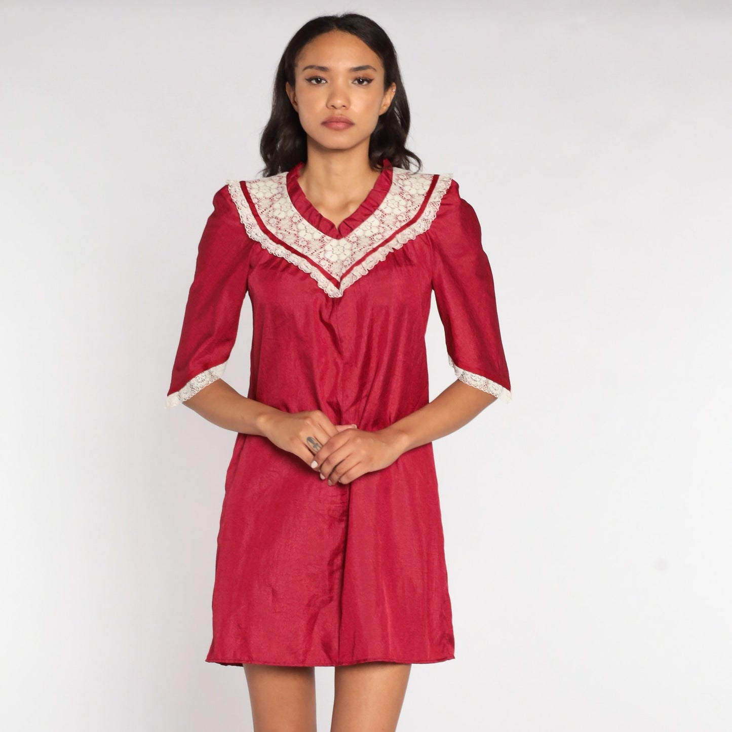 70s Burgundy Tent Dress White Lace Bib Puff Sleeve Mini Small