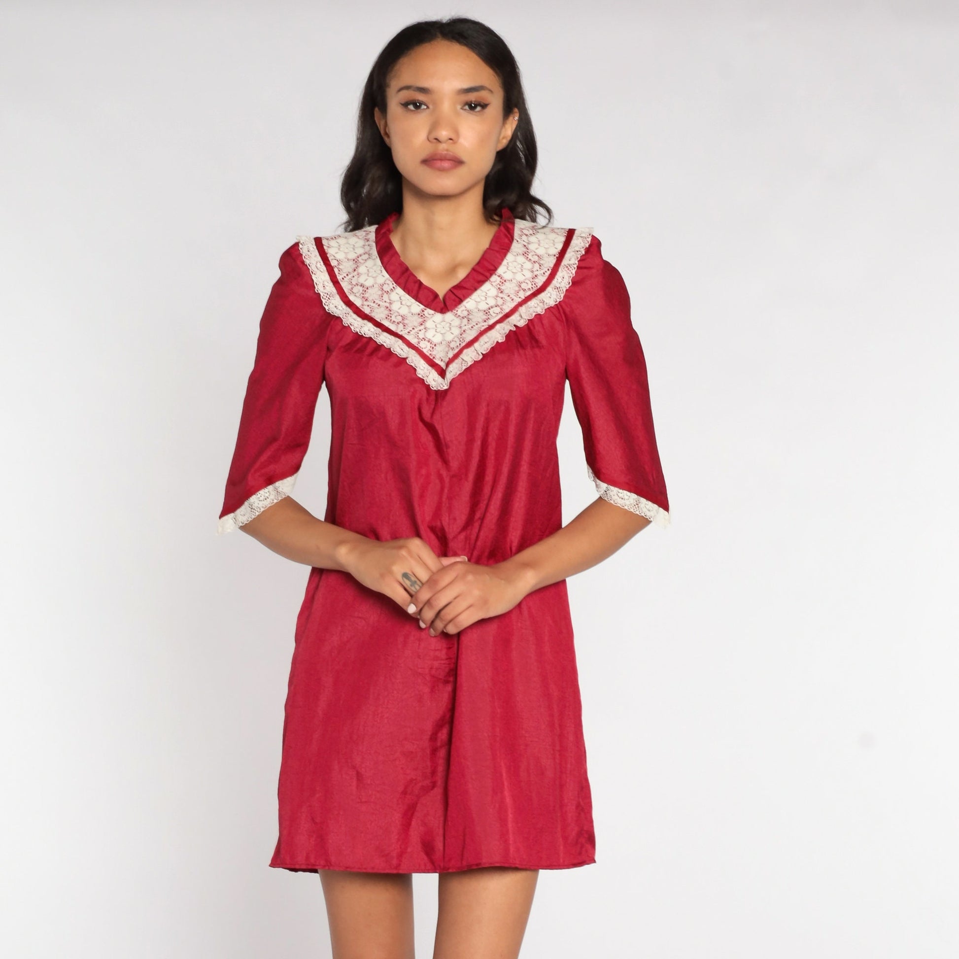 70s Burgundy Tent Dress White Lace Bib Puff Sleeve Mini Small