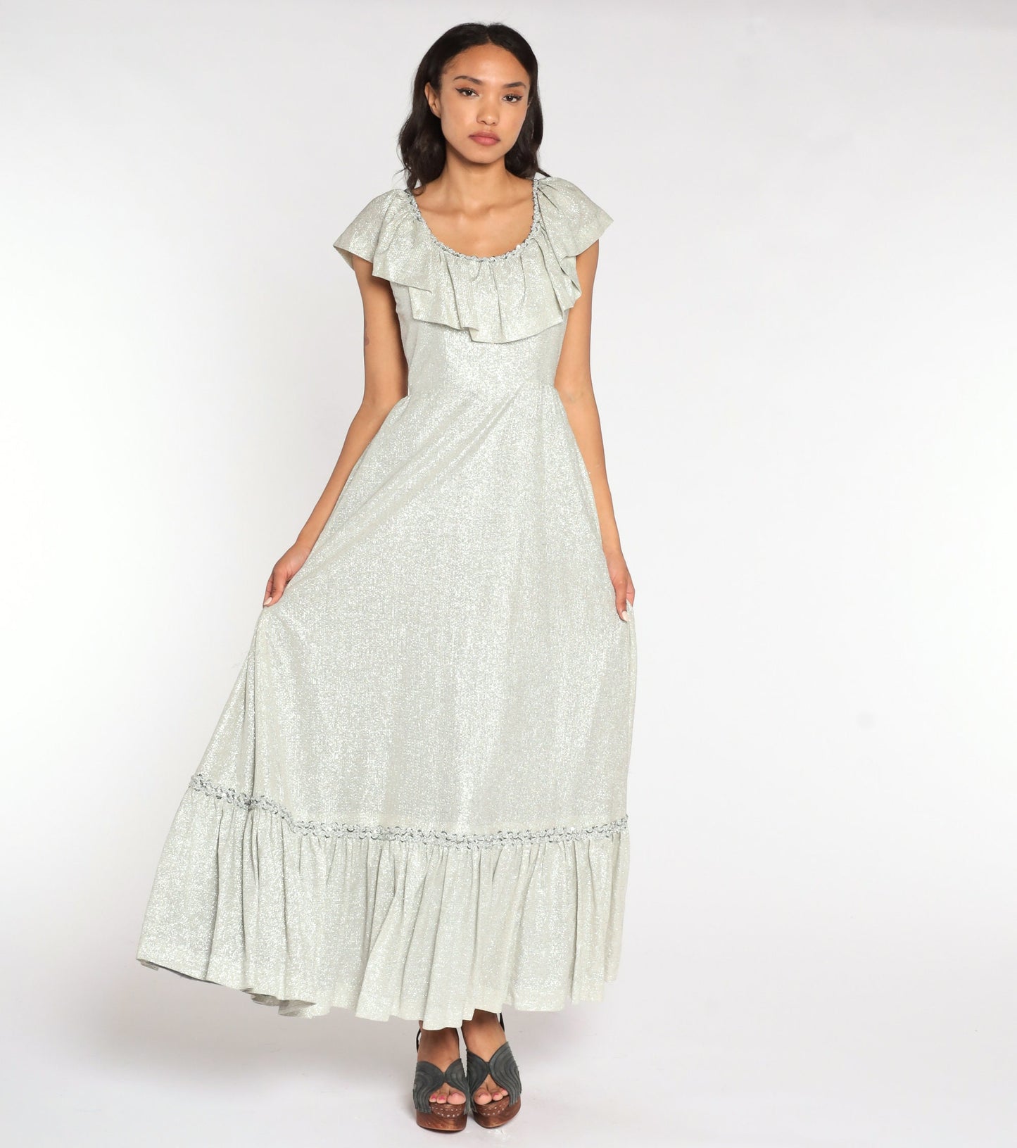 70s Silver Metallic Maxi Dress High Waist Flutter Sleeve Bertha Collar Small