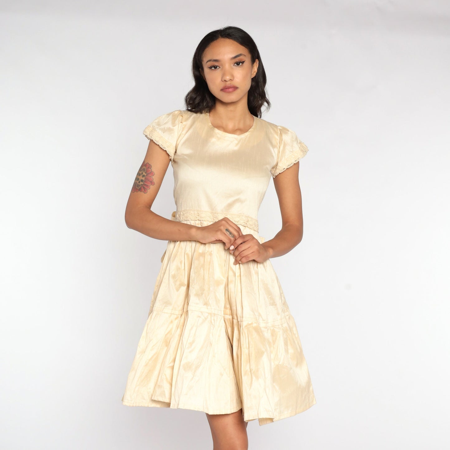 70s Cream Mini Dress Puff Sleeve High Waist Tiered Flounce Small
