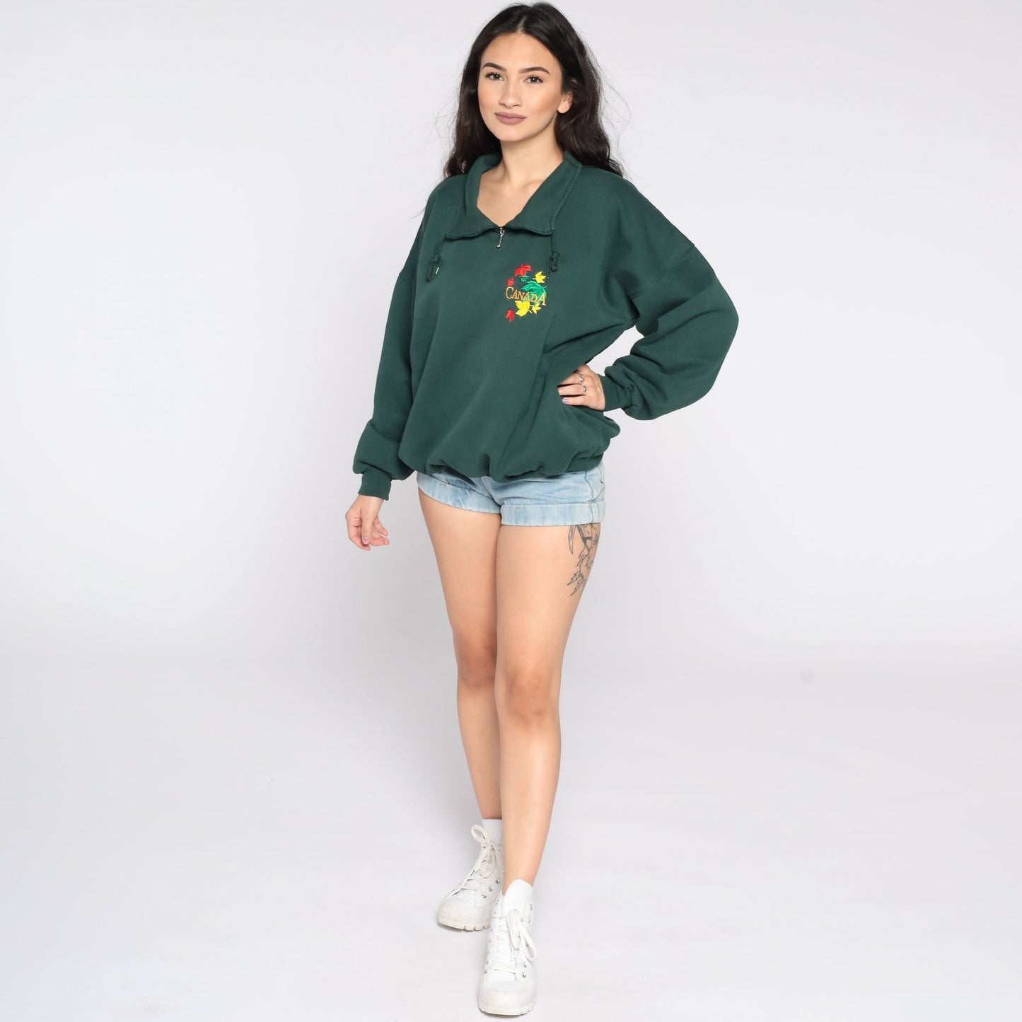 90s Canada Quarter Zip Sweatshirt Green Graphic Pullover Large L