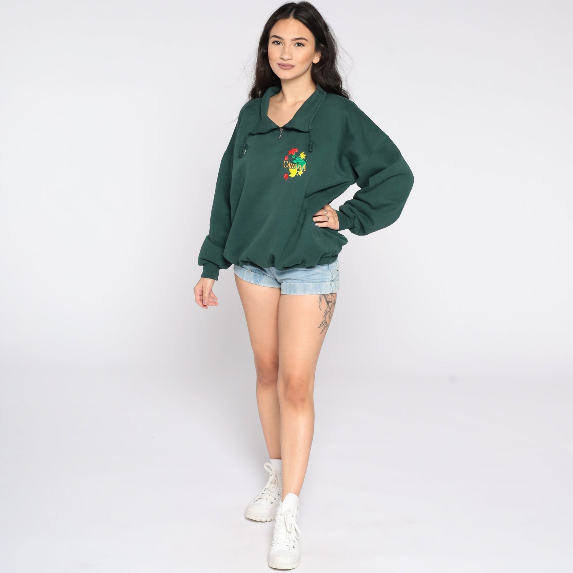90s Canada Quarter Zip Sweatshirt Green Graphic Pullover Large L