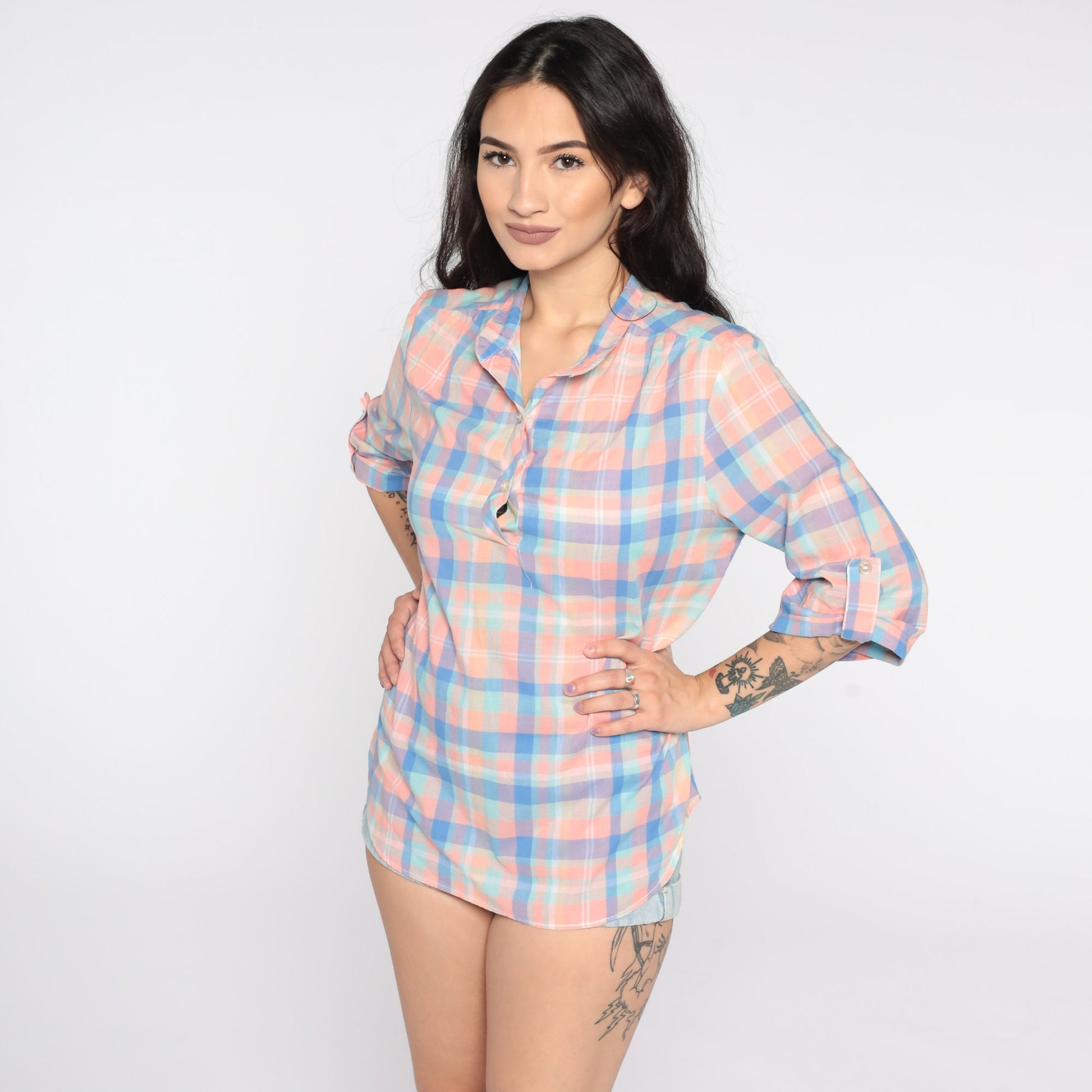 80s Pink Plaid Button-Up Blouse Checkered Cotton Shirt Medium
