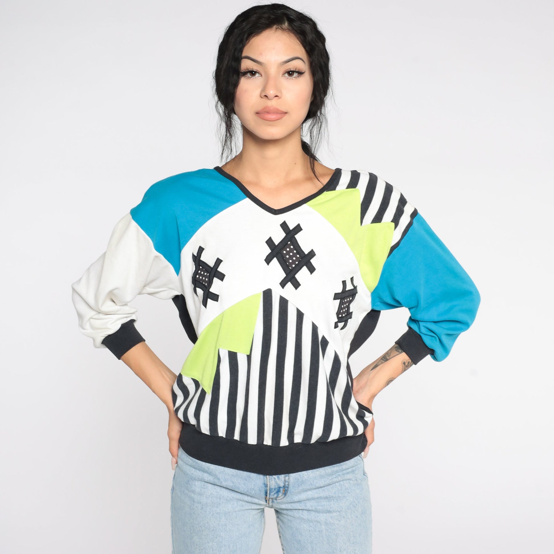 80s Colour Block Striped Sweatshirt Blue Green Crewneck Pullover Small
