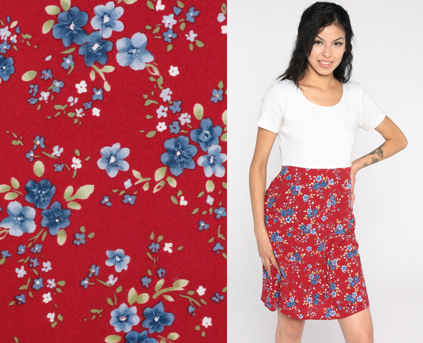 90s Bobbie Brooks Floral Mini Dress Red White High Waist Small
