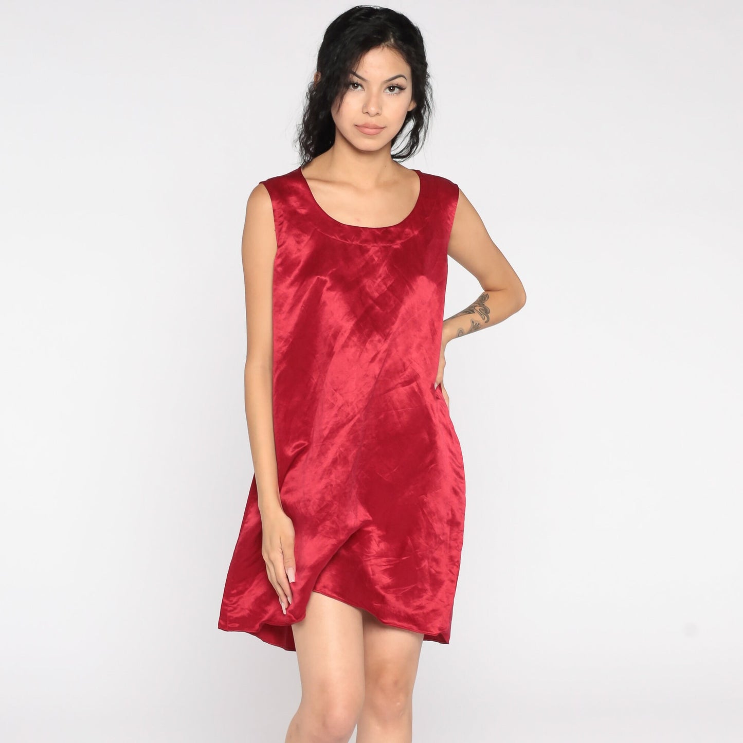 90s Red Satin Mini Slip Dress Sheath Sleeveless Cocktail Large L