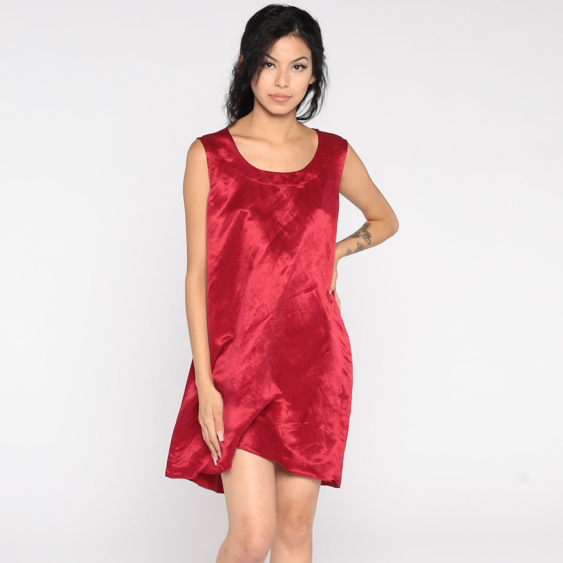90s Red Satin Mini Slip Dress Sheath Sleeveless Cocktail Large L