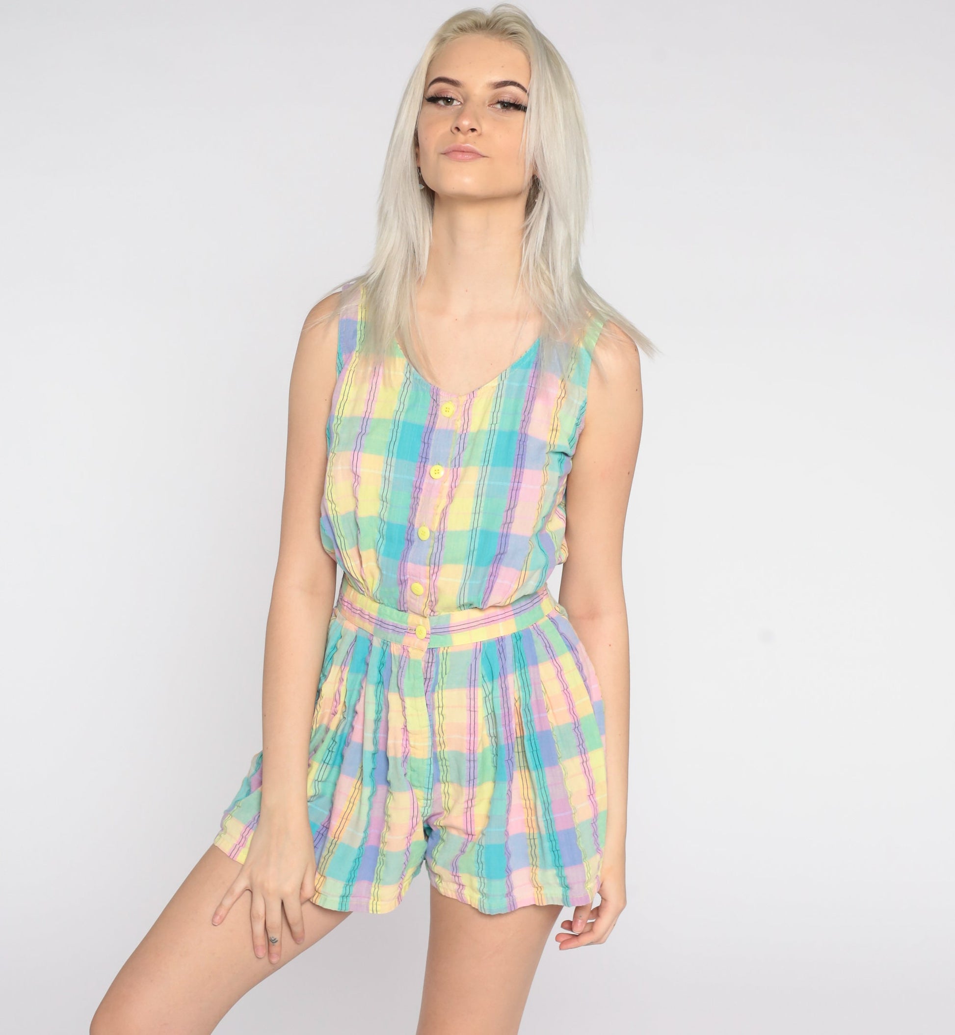 80s Pastel Plaid Romper Sleeveless High Waist Button Front Purple Turquoise Small